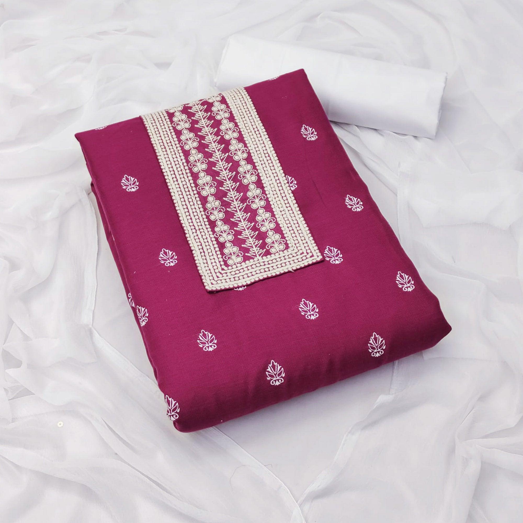Wine Printed With Embroidered Cotton Blend Dress Material - Peachmode