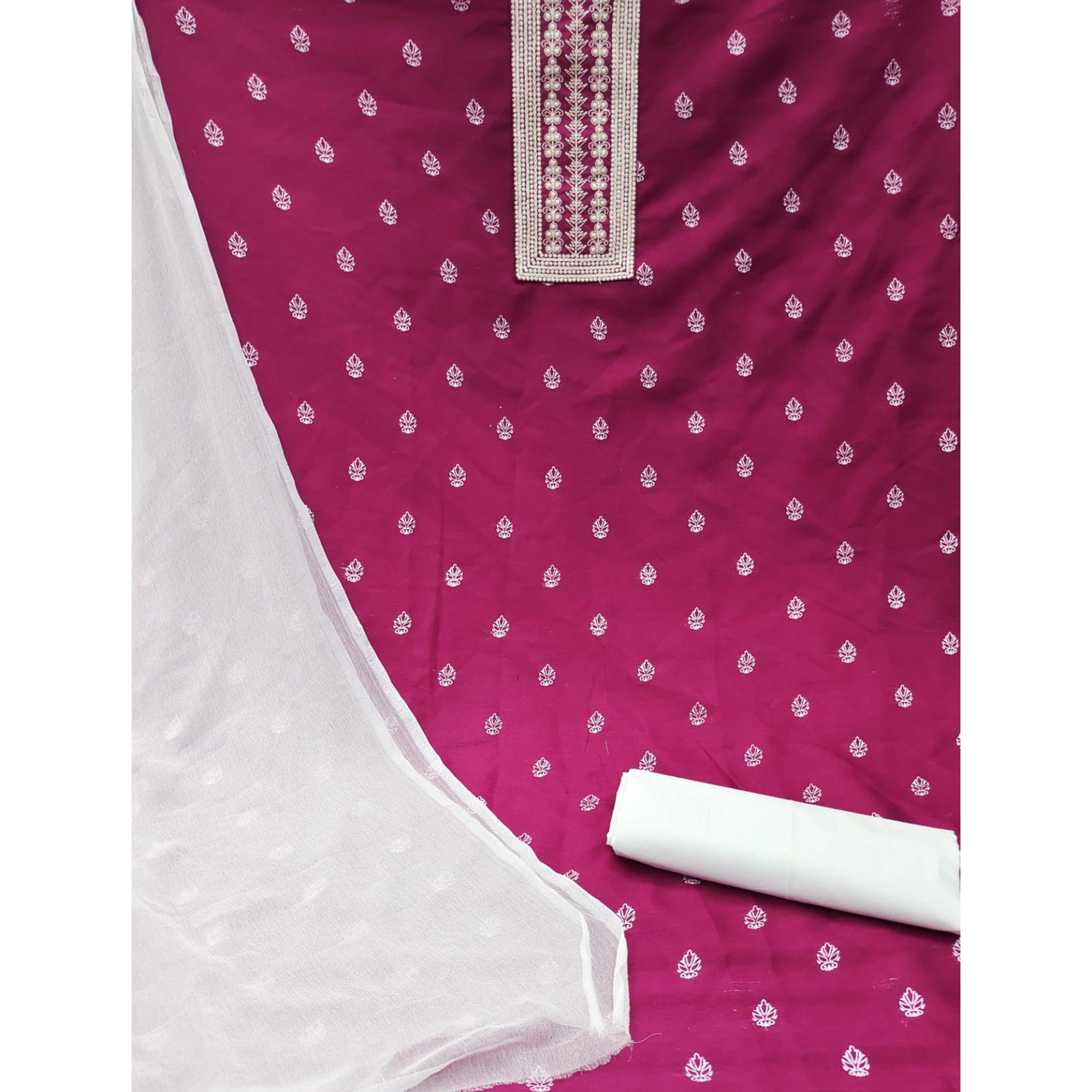 Wine Printed With Embroidered Cotton Blend Dress Material - Peachmode