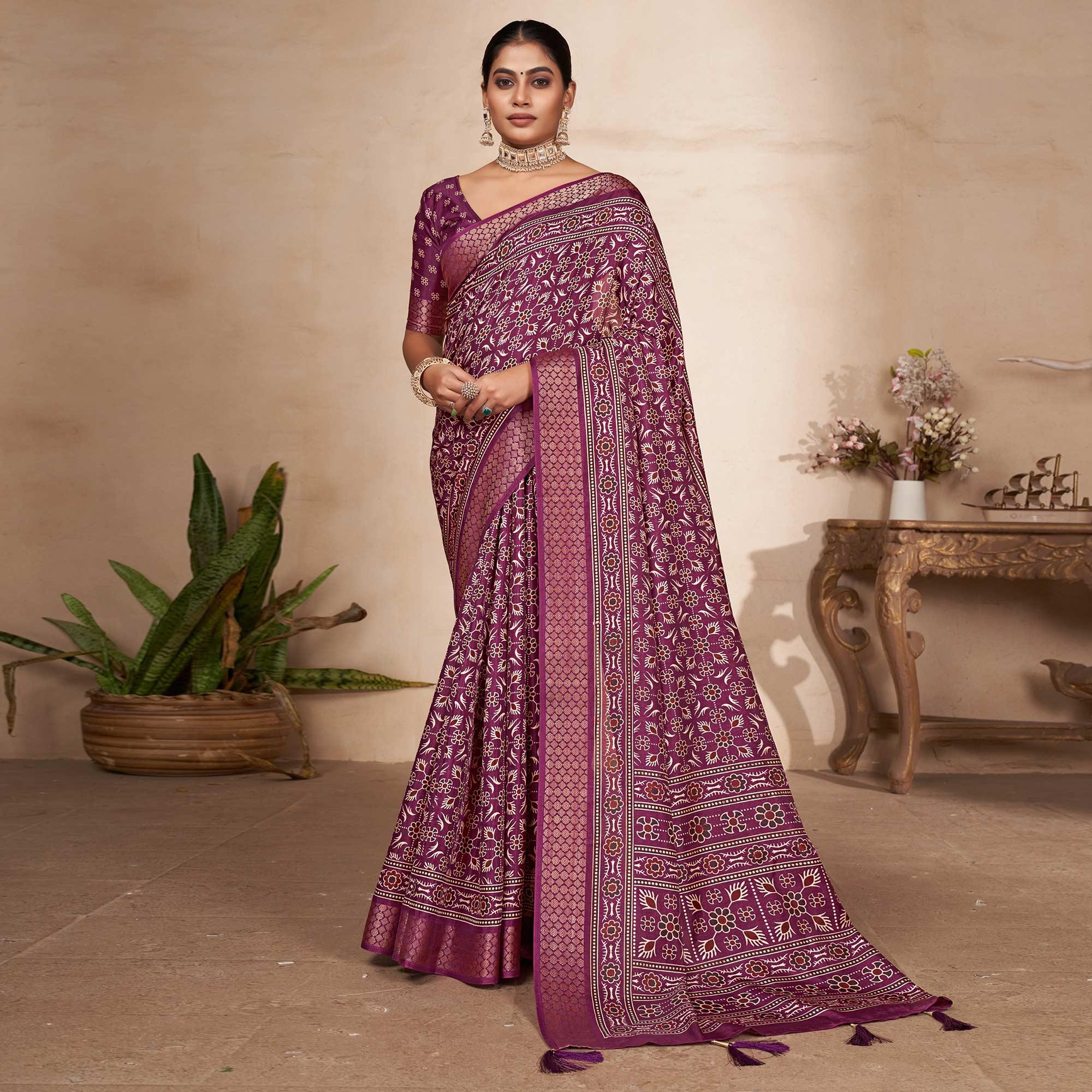 Wine Printed-Woven Dola Silk Saree With Tassels - Peachmode