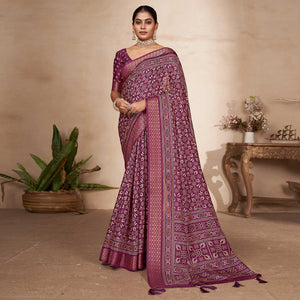 Wine Printed-Woven Dola Silk Saree With Tassels - Peachmode