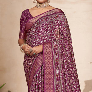 Wine Printed-Woven Dola Silk Saree With Tassels - Peachmode