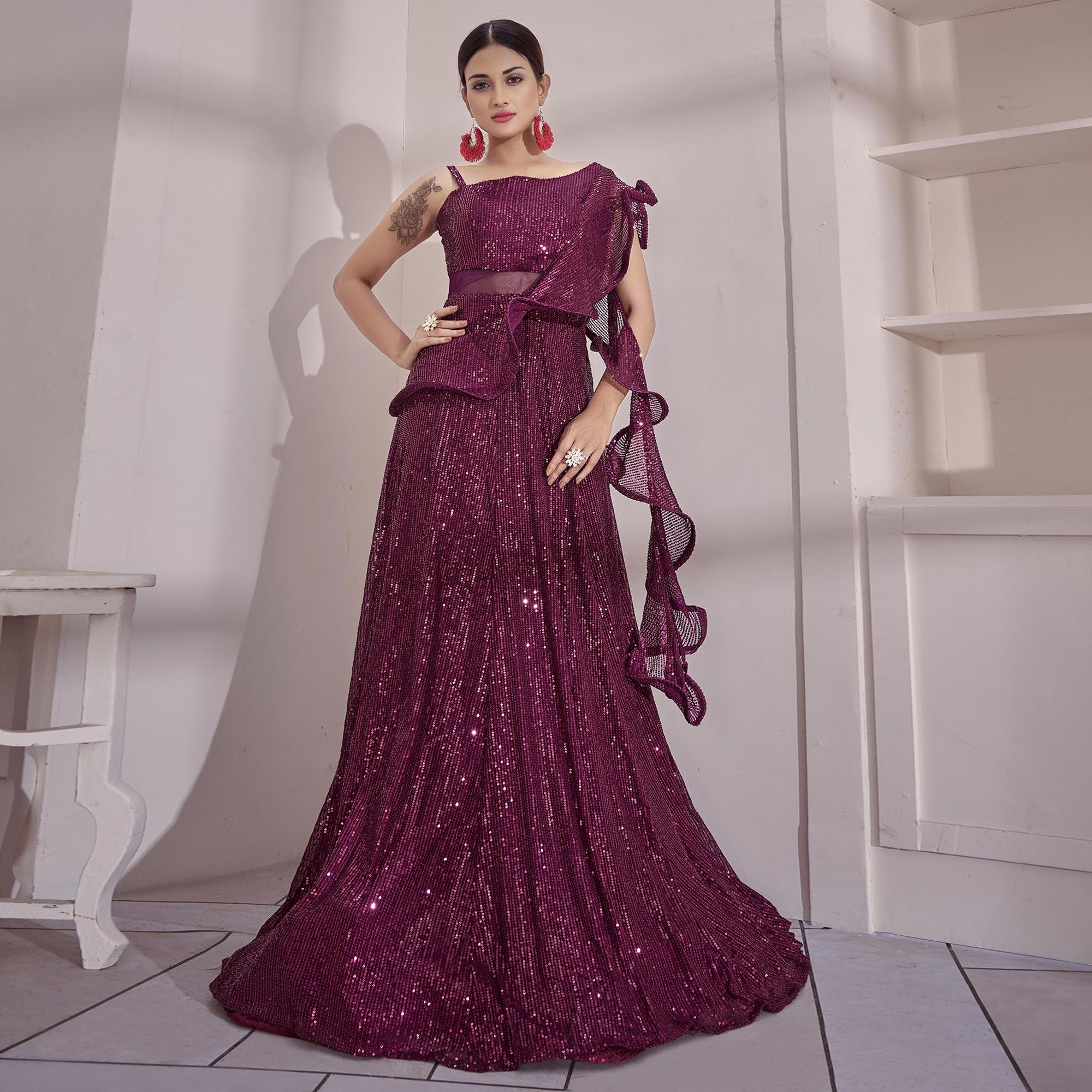 Wine Sequence Embroidered Art Silk Gown - Peachmode