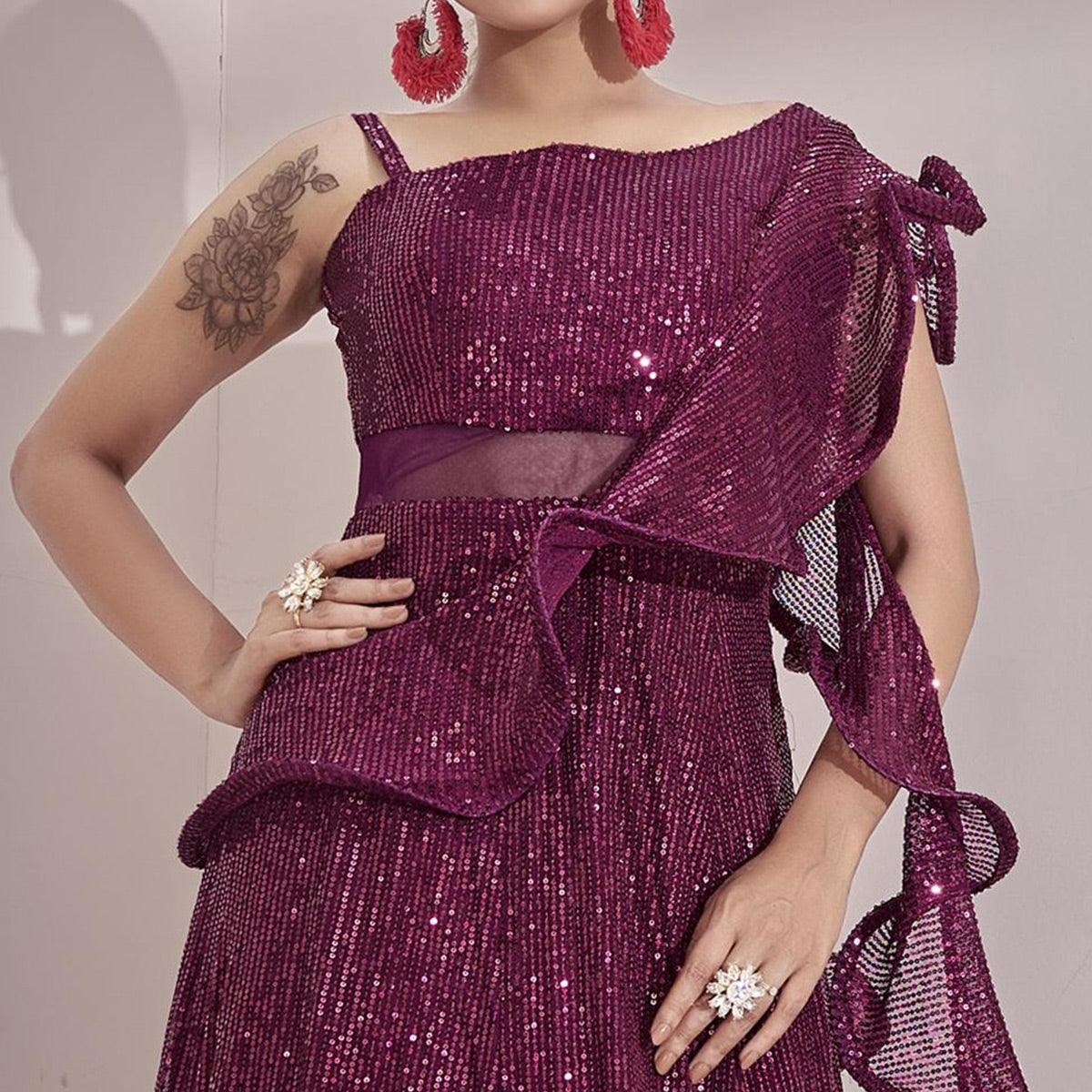 Wine Sequence Embroidered Art Silk Gown - Peachmode