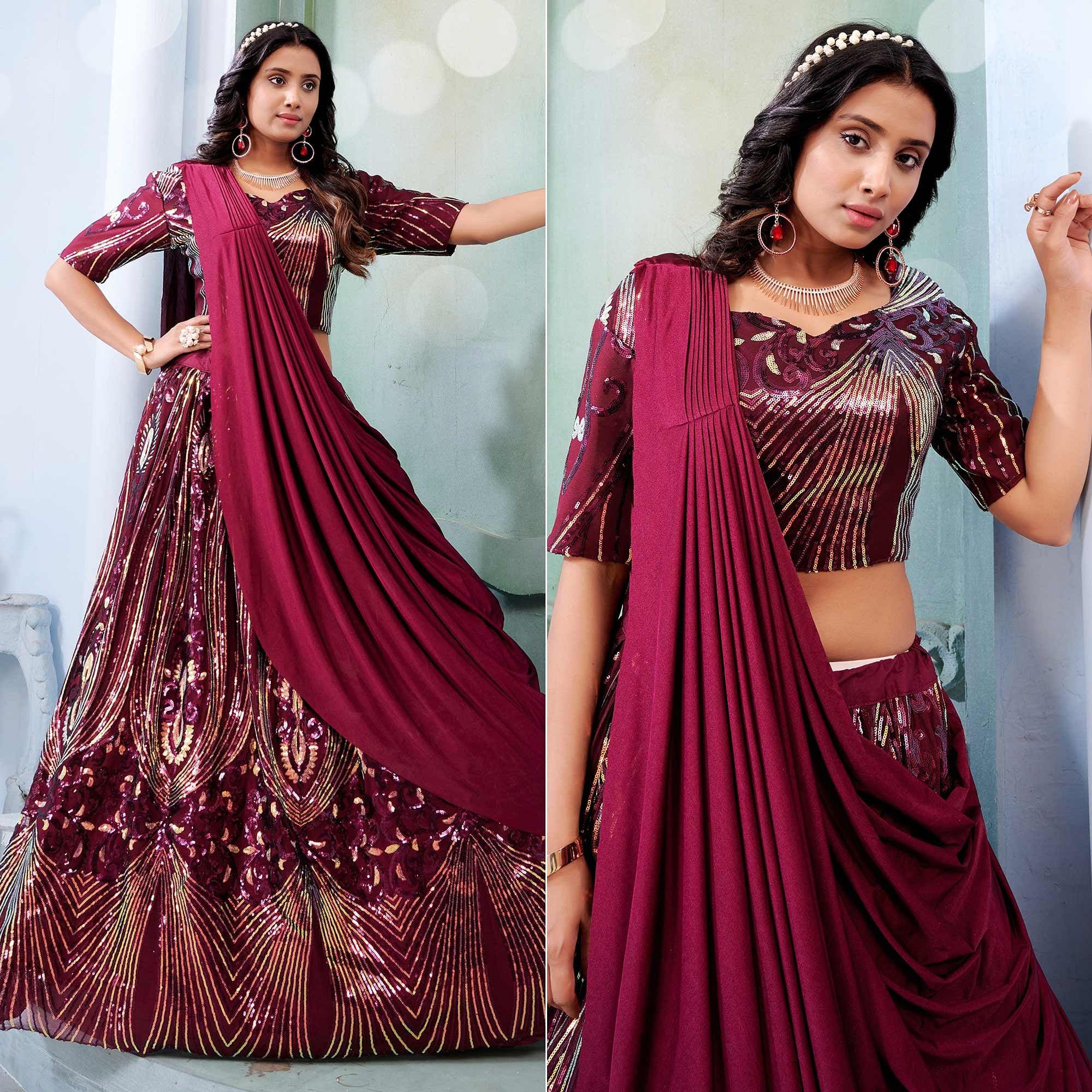 Wine Sequence Embroidered Art Silk Lehenga Choli - Peachmode
