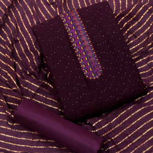 Wine Sequence Embroidered Chanderi Dress Material - Peachmode