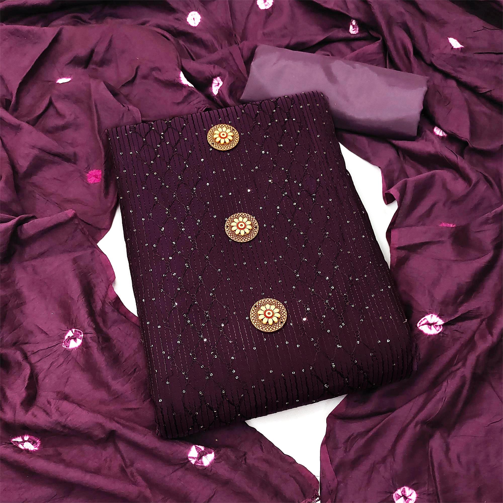 Wine Sequence Embroidered Chanderi Dress Material - Peachmode