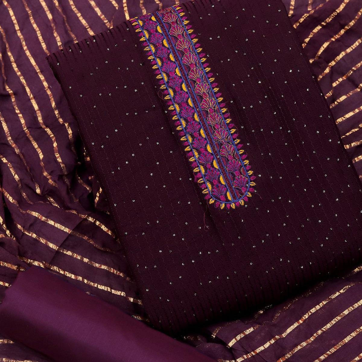 Wine Sequence Embroidered Chanderi Dress Material - Peachmode