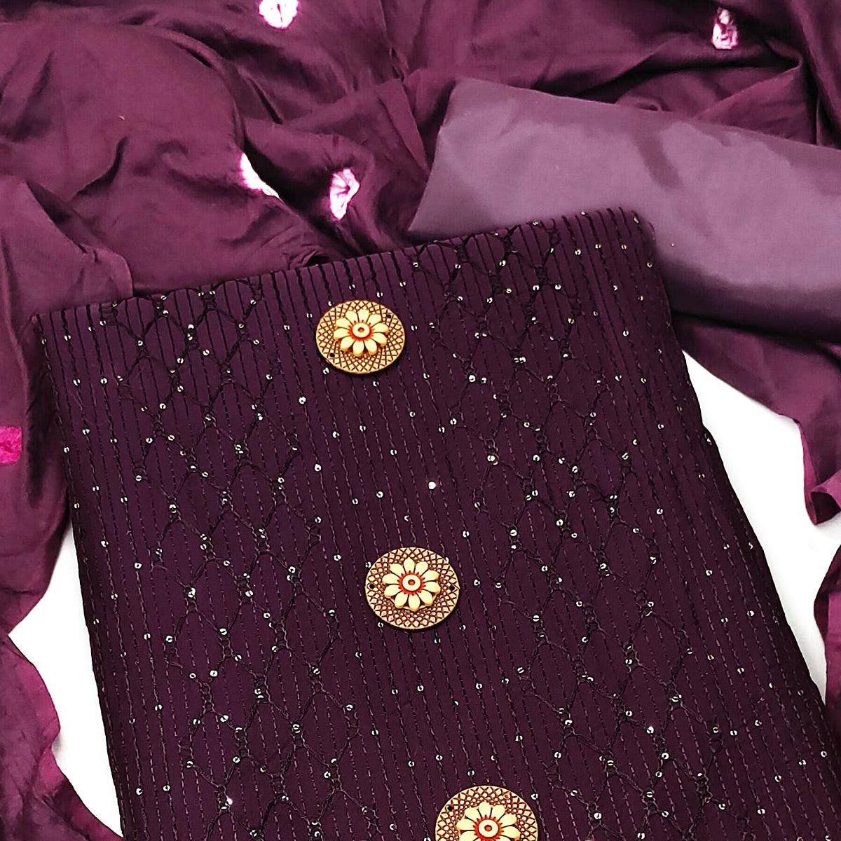 Wine Sequence Embroidered Chanderi Dress Material - Peachmode