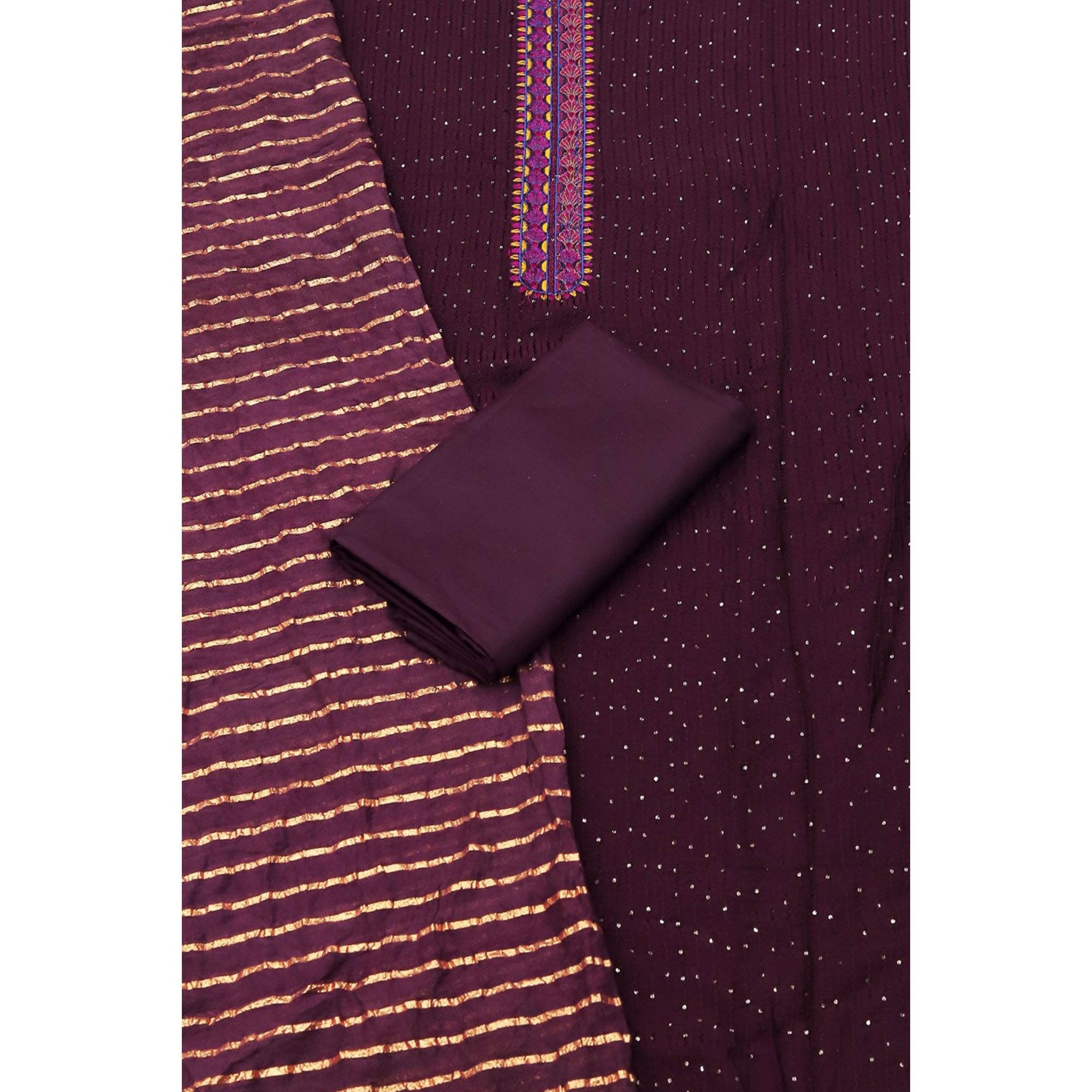 Wine Sequence Embroidered Chanderi Dress Material - Peachmode