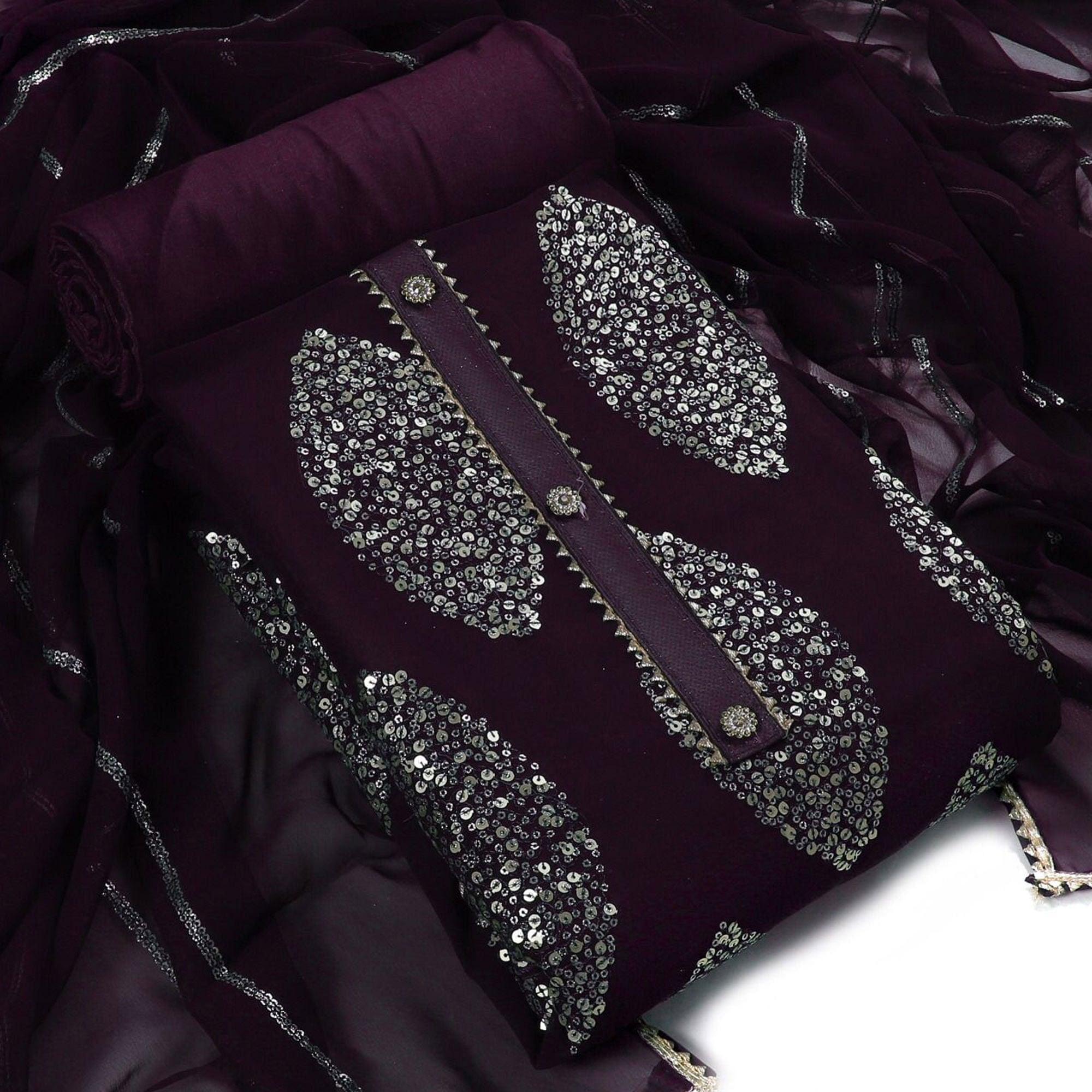 Wine Sequence Embroidered Georgette Dress Material - Peachmode