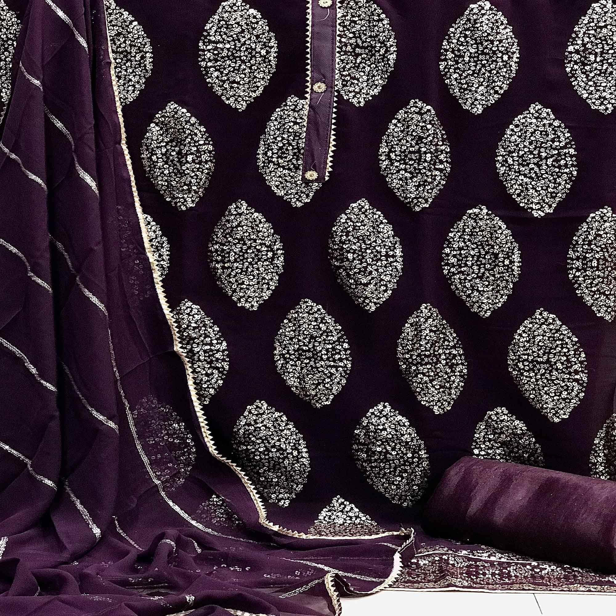 Wine Sequence Embroidered Georgette Dress Material - Peachmode