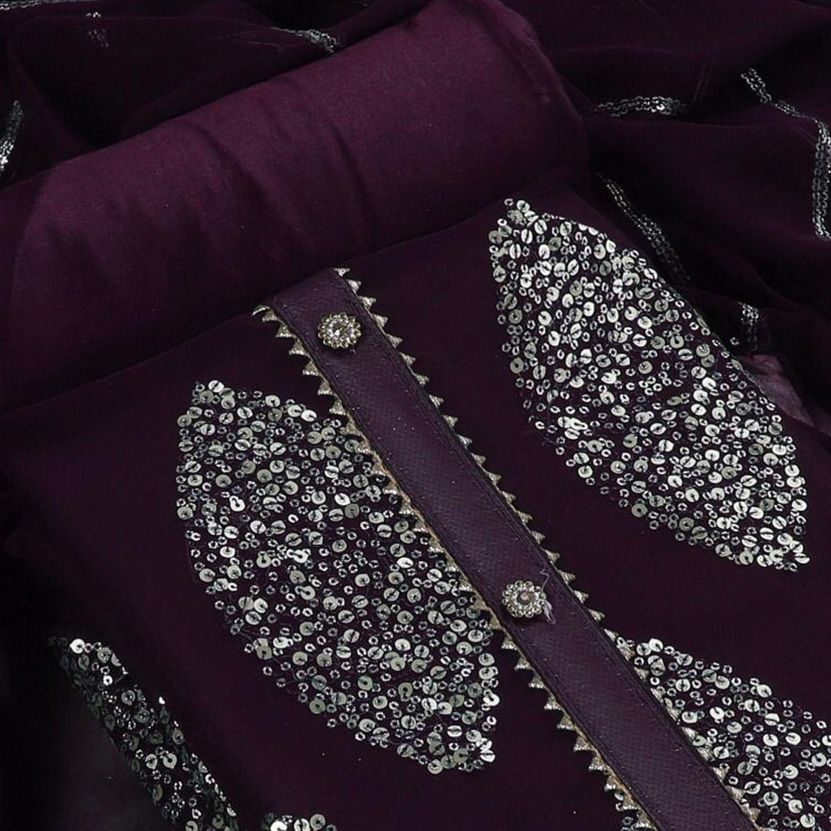 Wine Sequence Embroidered Georgette Dress Material - Peachmode