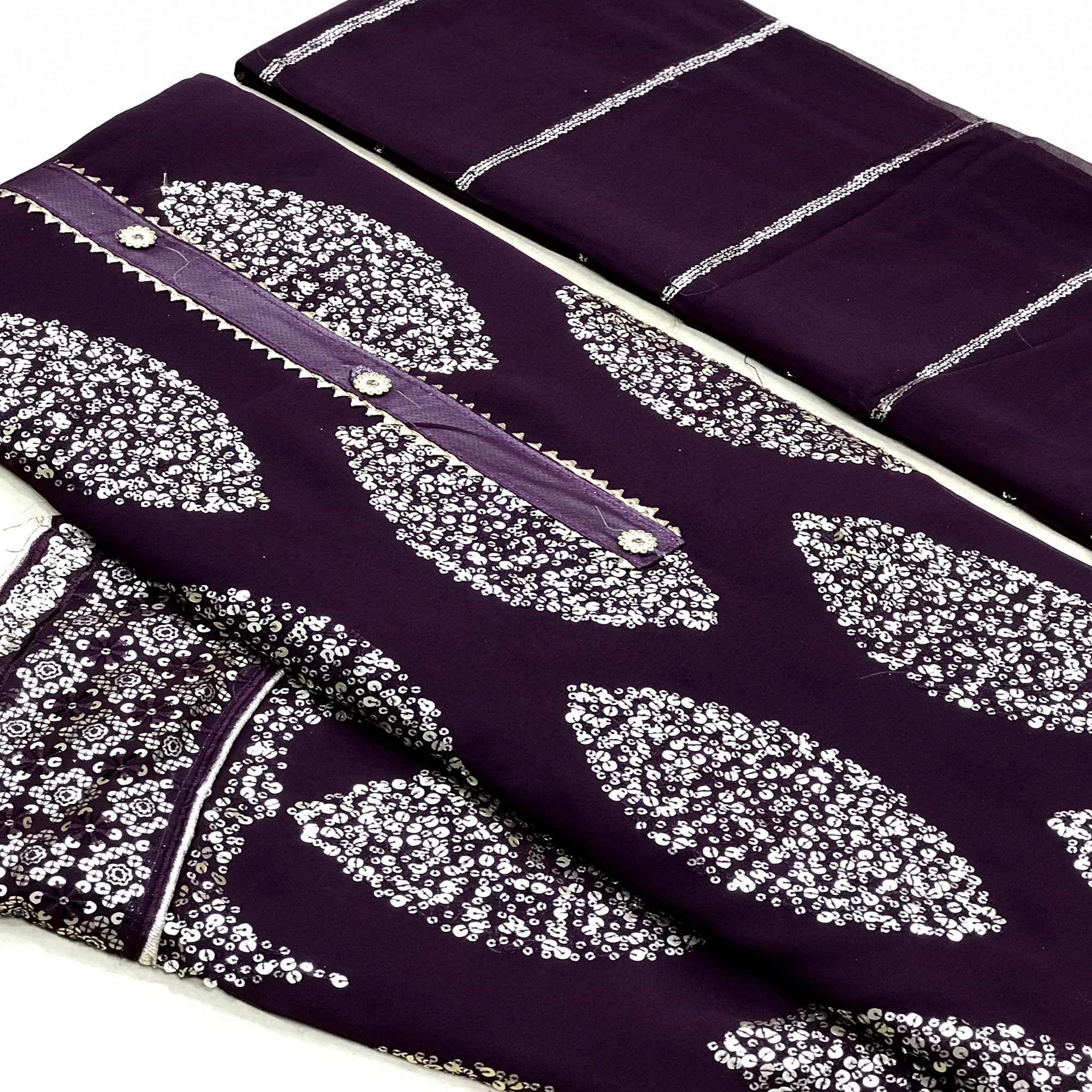 Wine Sequence Embroidered Georgette Dress Material - Peachmode