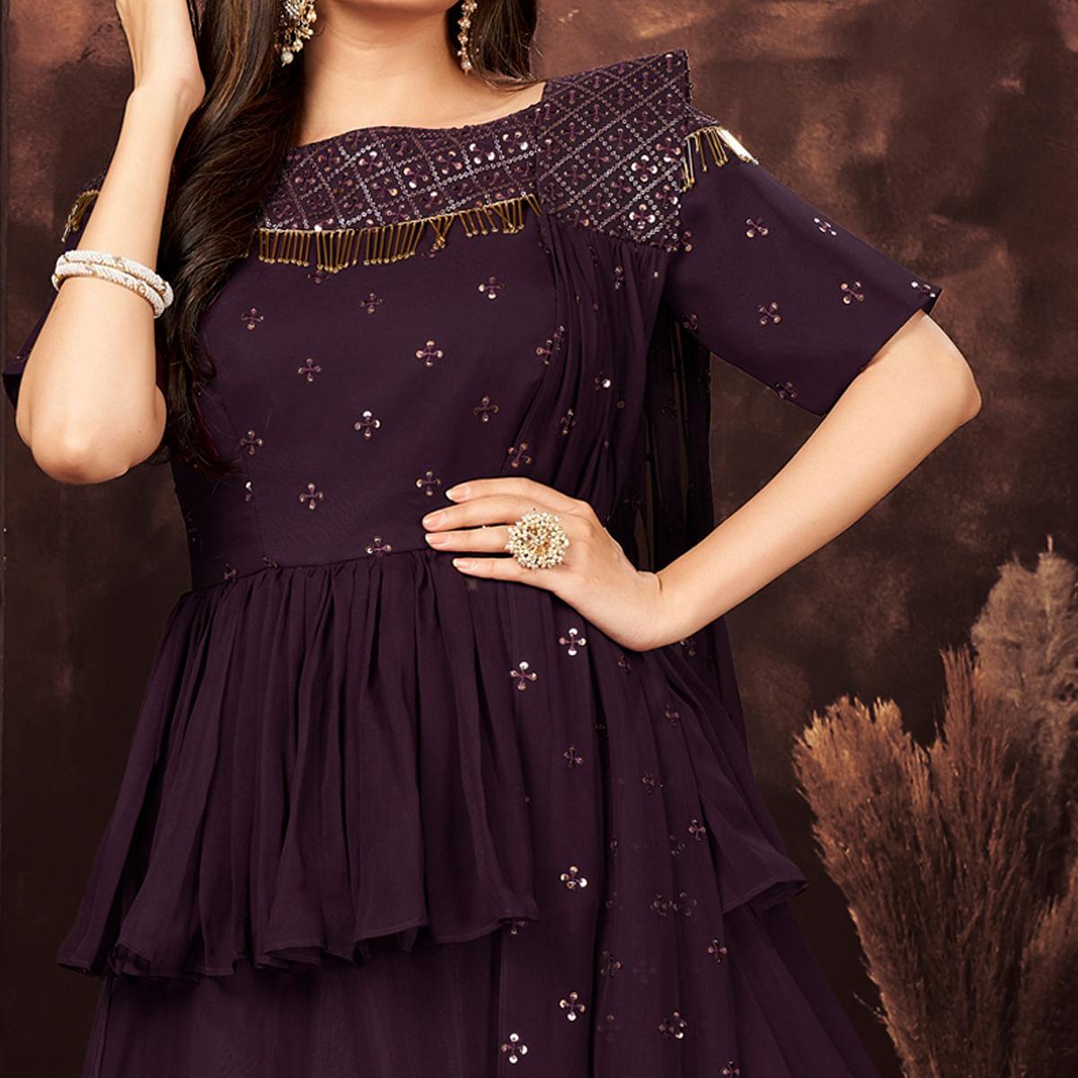 Wine Sequence Embroidered Georgette Lehenga Choli - Peachmode