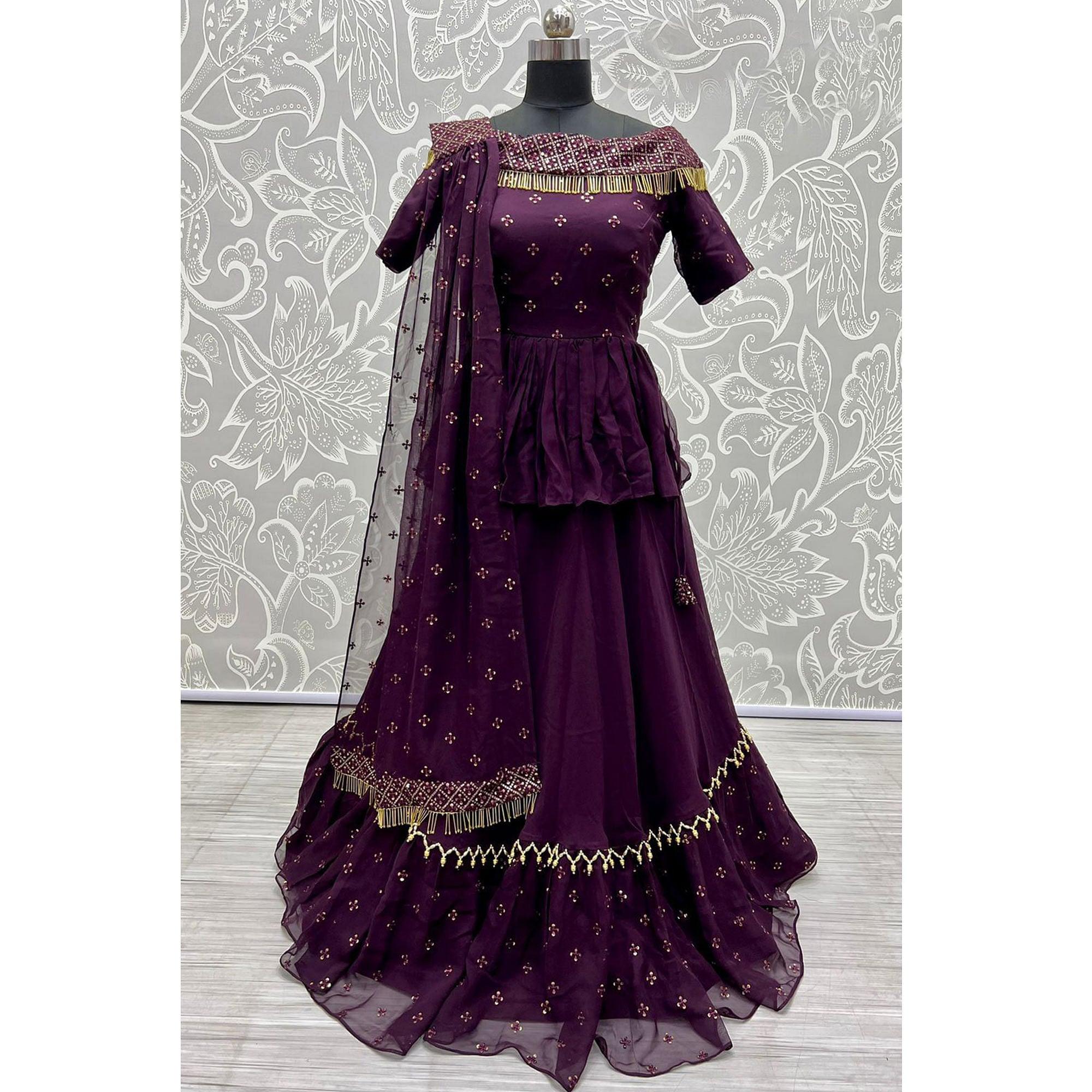 Wine Sequence Embroidered Georgette Lehenga Choli - Peachmode