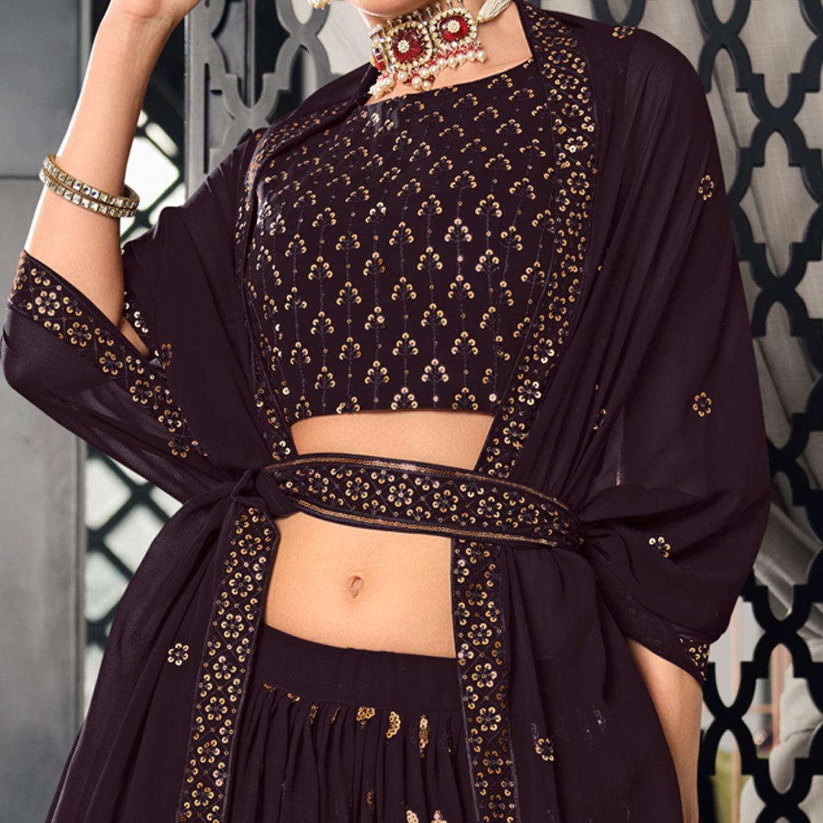 Wine Sequence Embroidered Georgette Lehenga Choli - Peachmode