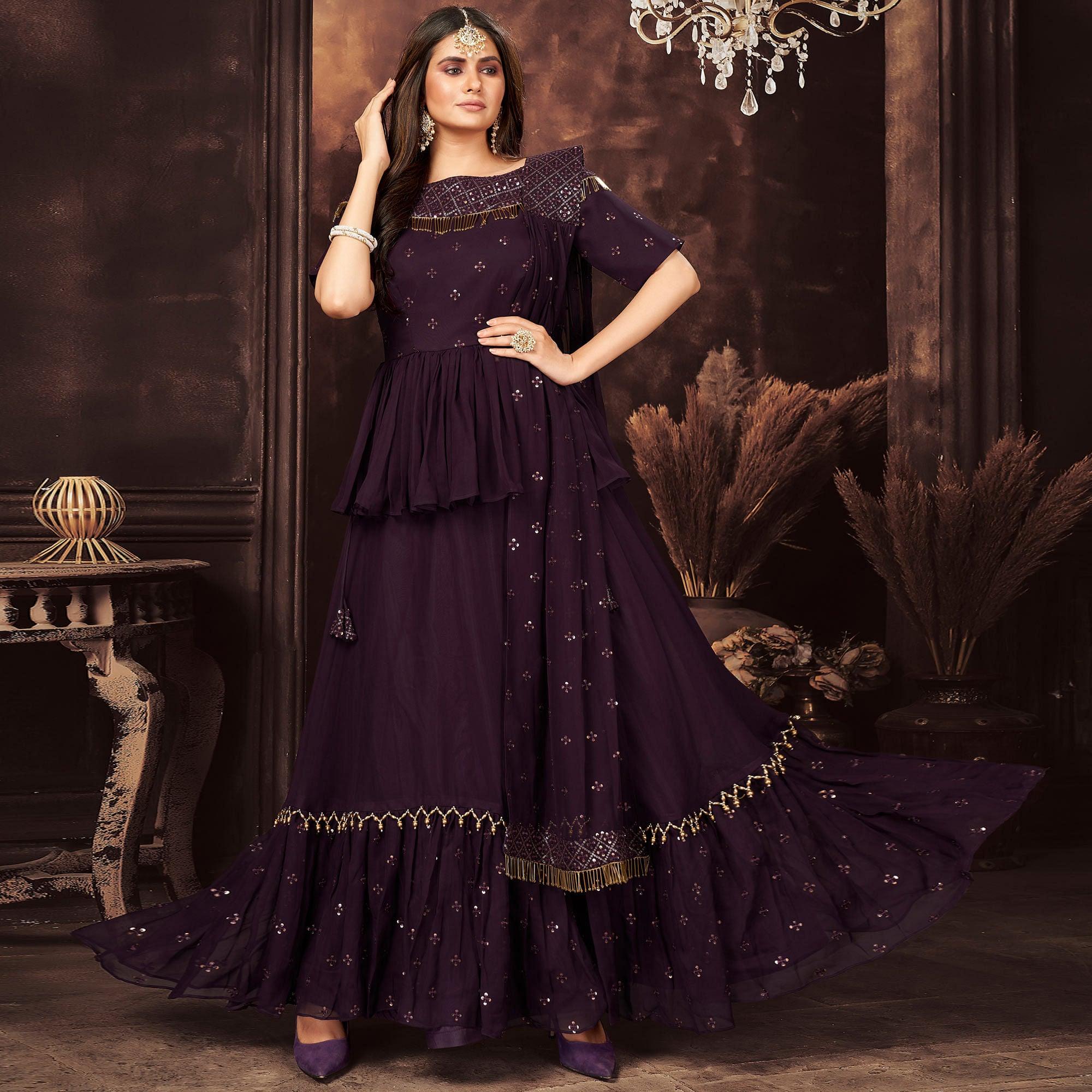 Wine Sequence Embroidered Georgette Lehenga Choli - Peachmode