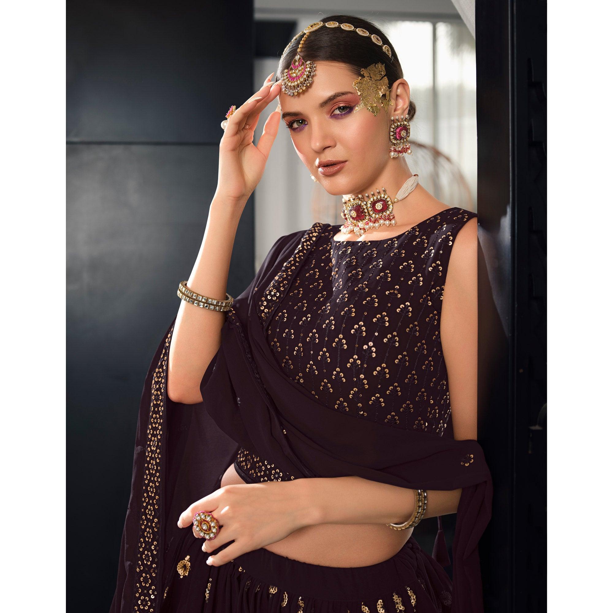 Wine Sequence Embroidered Georgette Lehenga Choli - Peachmode
