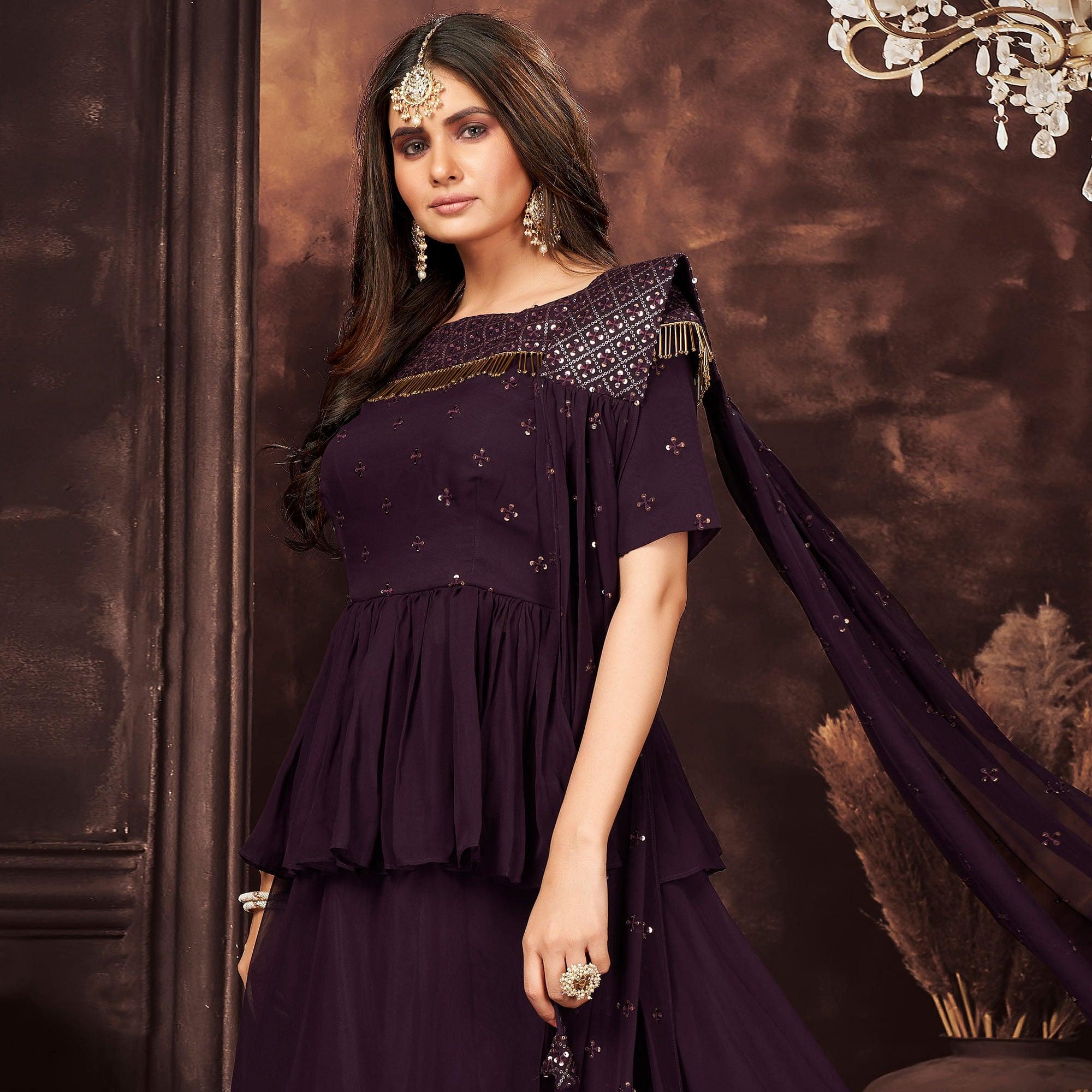 Wine Sequence Embroidered Georgette Lehenga Choli - Peachmode
