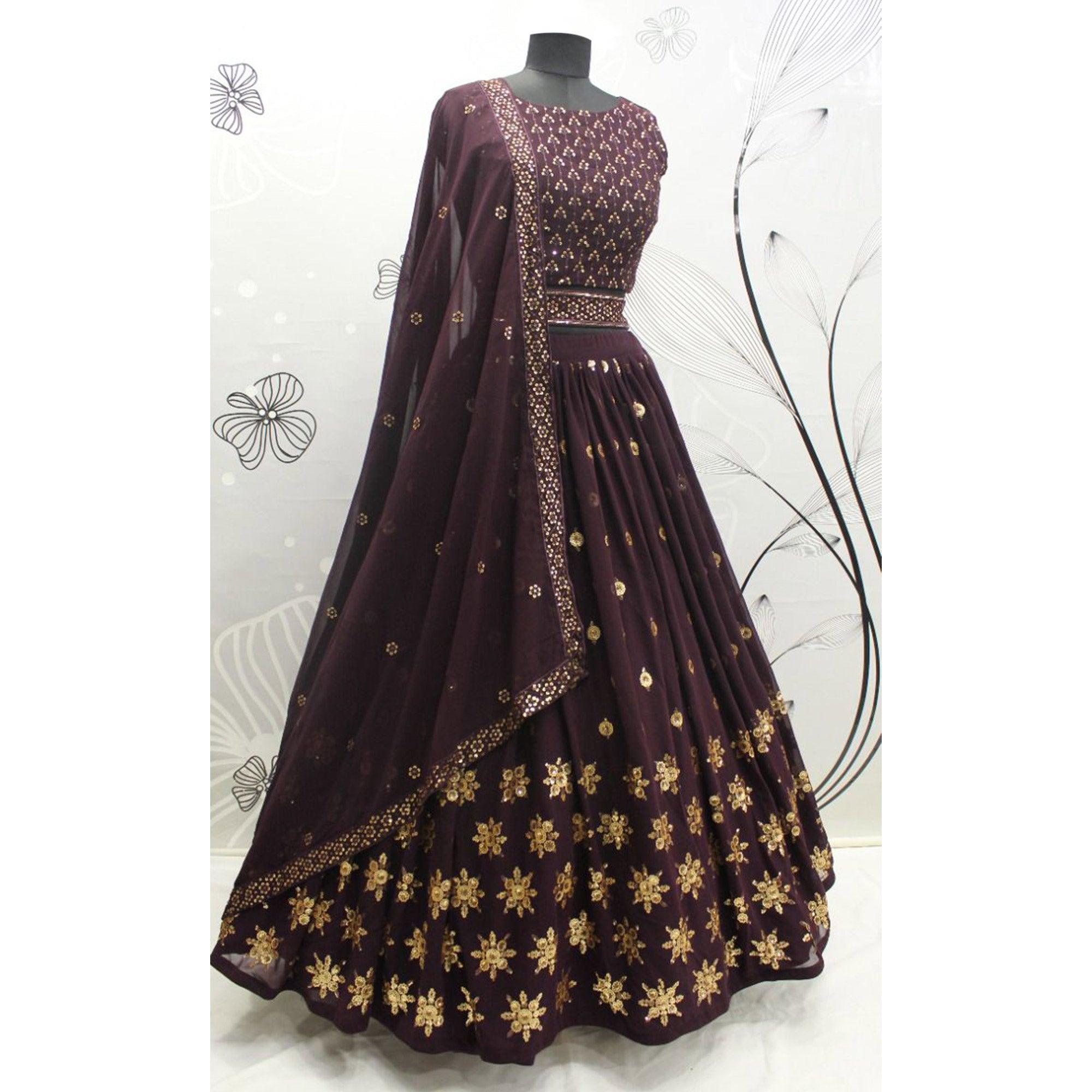 Wine Sequence Embroidered Georgette Lehenga Choli - Peachmode