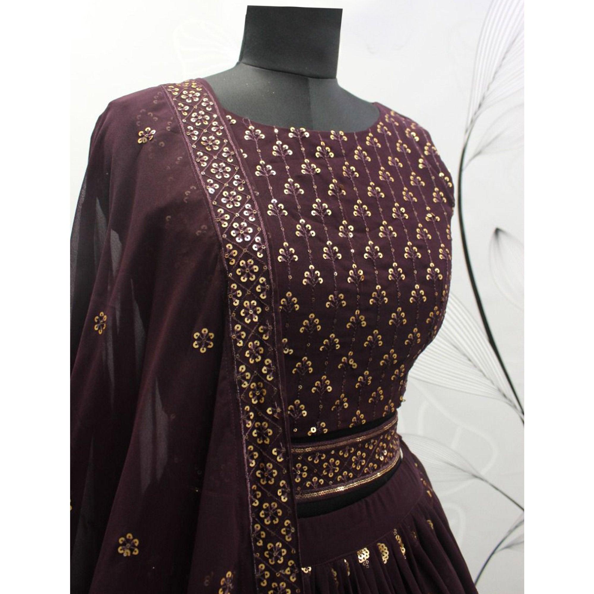 Wine Sequence Embroidered Georgette Lehenga Choli - Peachmode