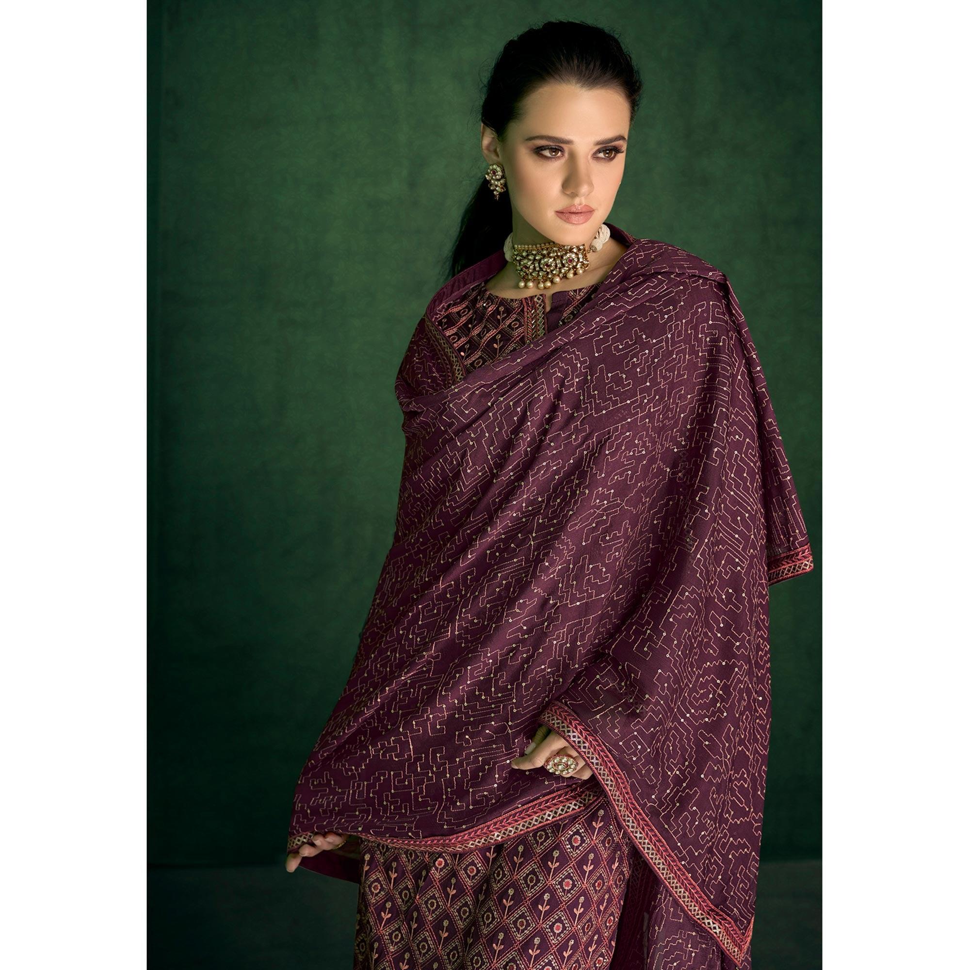 Wine Sequence Embroidered Handwork Chiffon Partywear Suit - Peachmode
