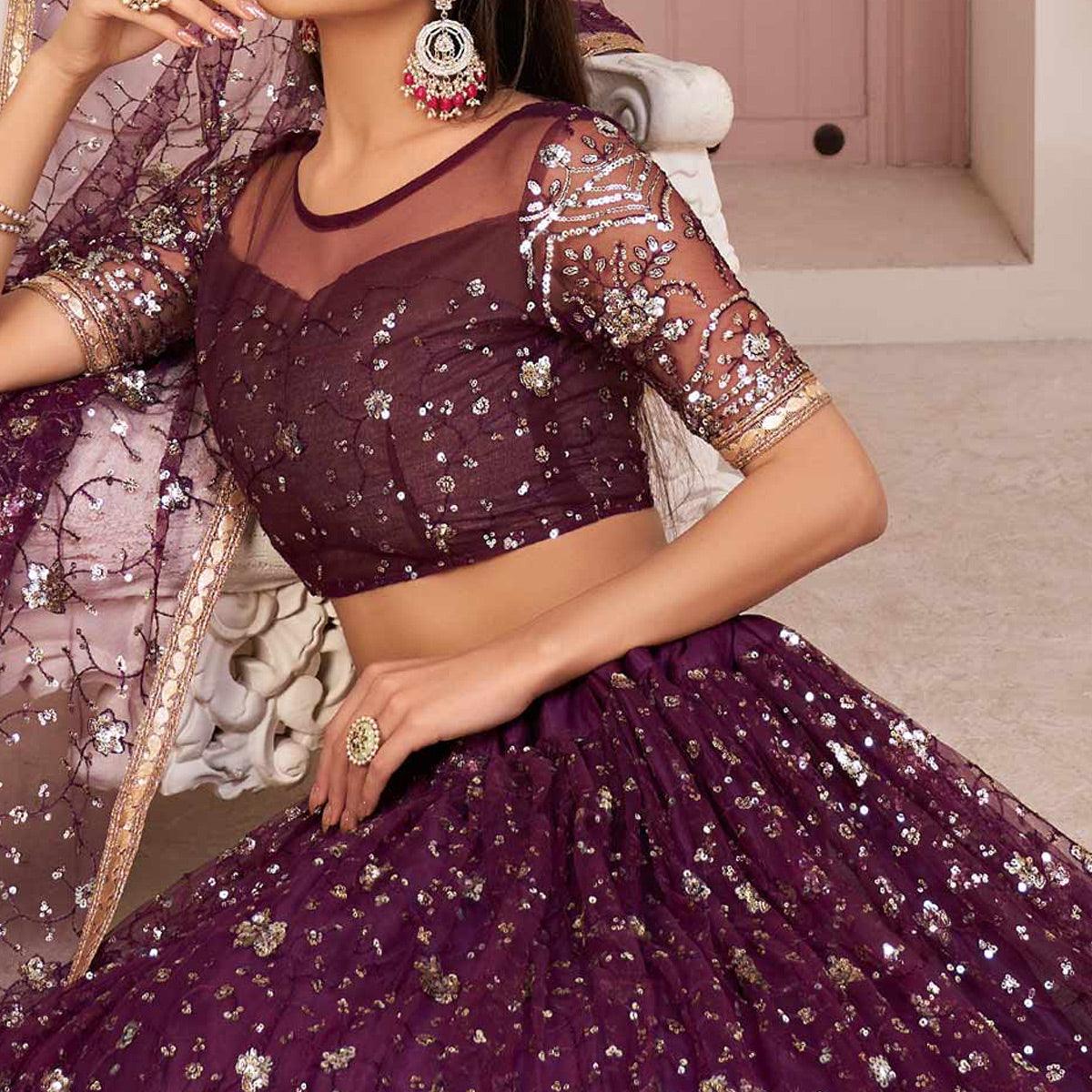 Wine Sequence Embroidered Netted Lehenga Choli - Peachmode