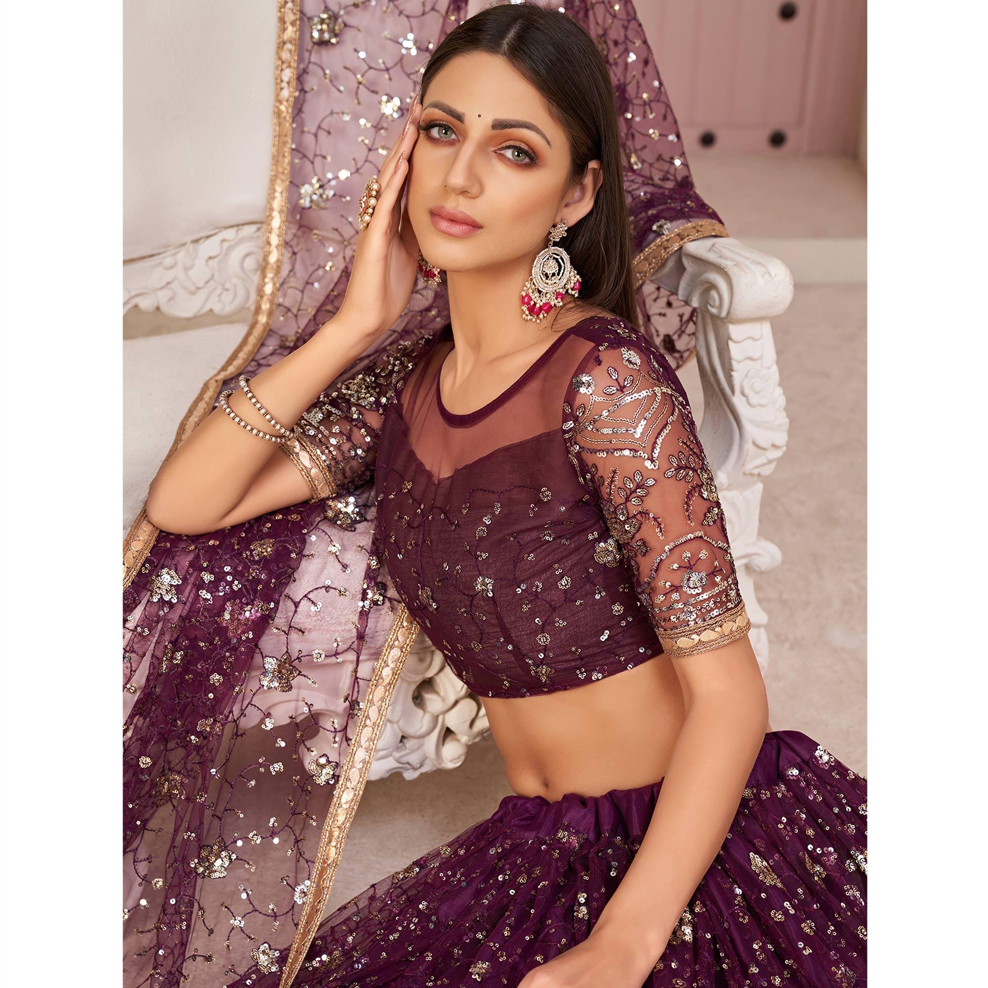 Wine Sequence Embroidered Netted Lehenga Choli - Peachmode
