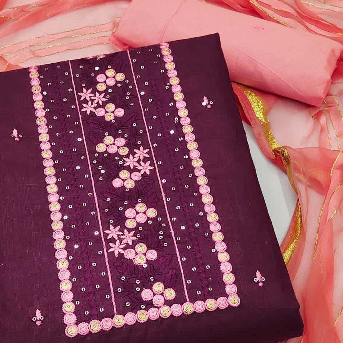 Wine Sequence Embroidered Poly Cotton Dress Material - Peachmode