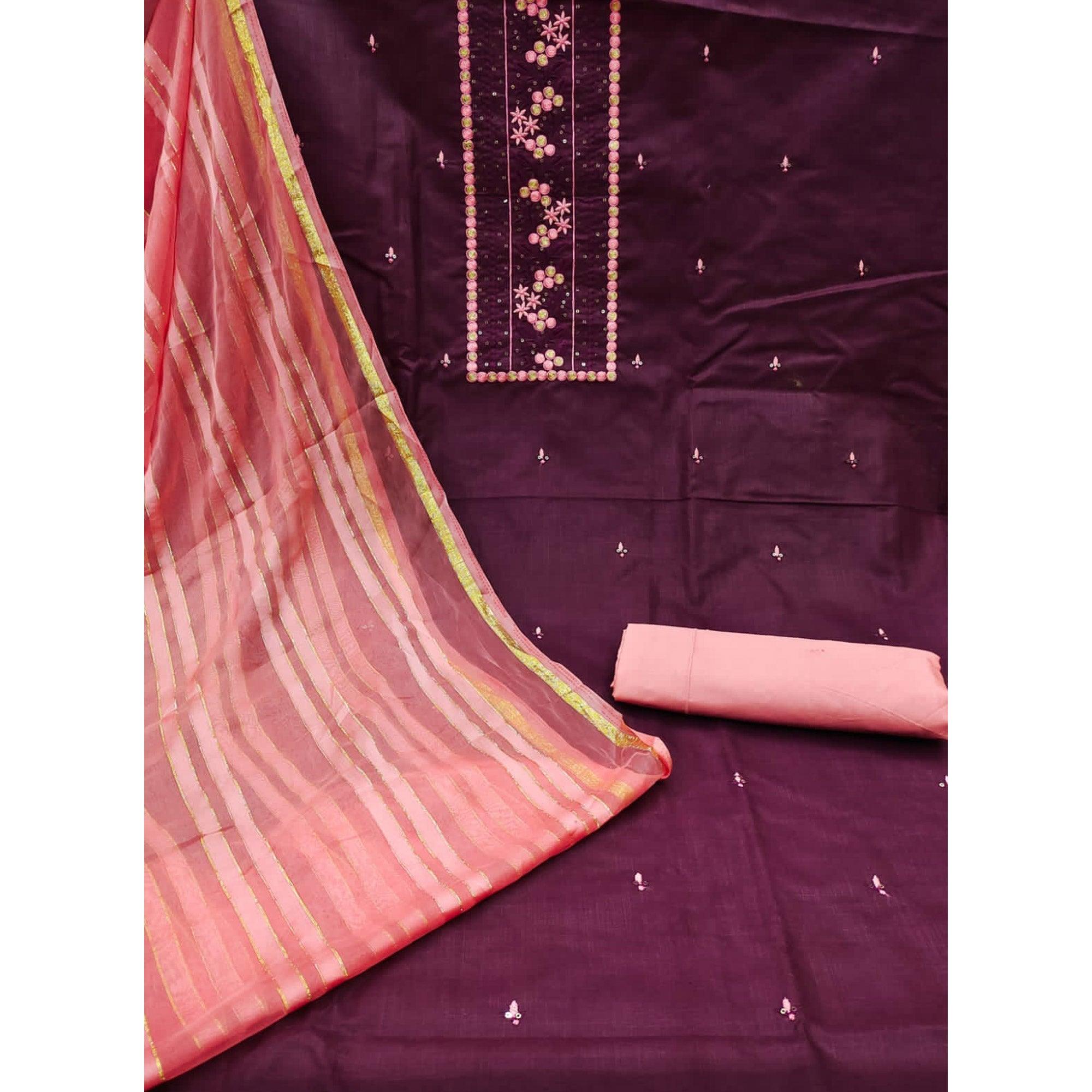 Wine Sequence Embroidered Poly Cotton Dress Material - Peachmode