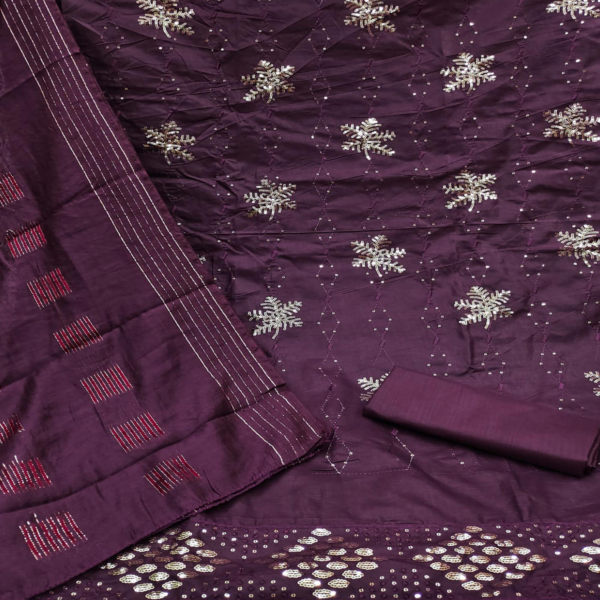 Wine Sequence Embroidered Pure Cotton Dress Material - Peachmode