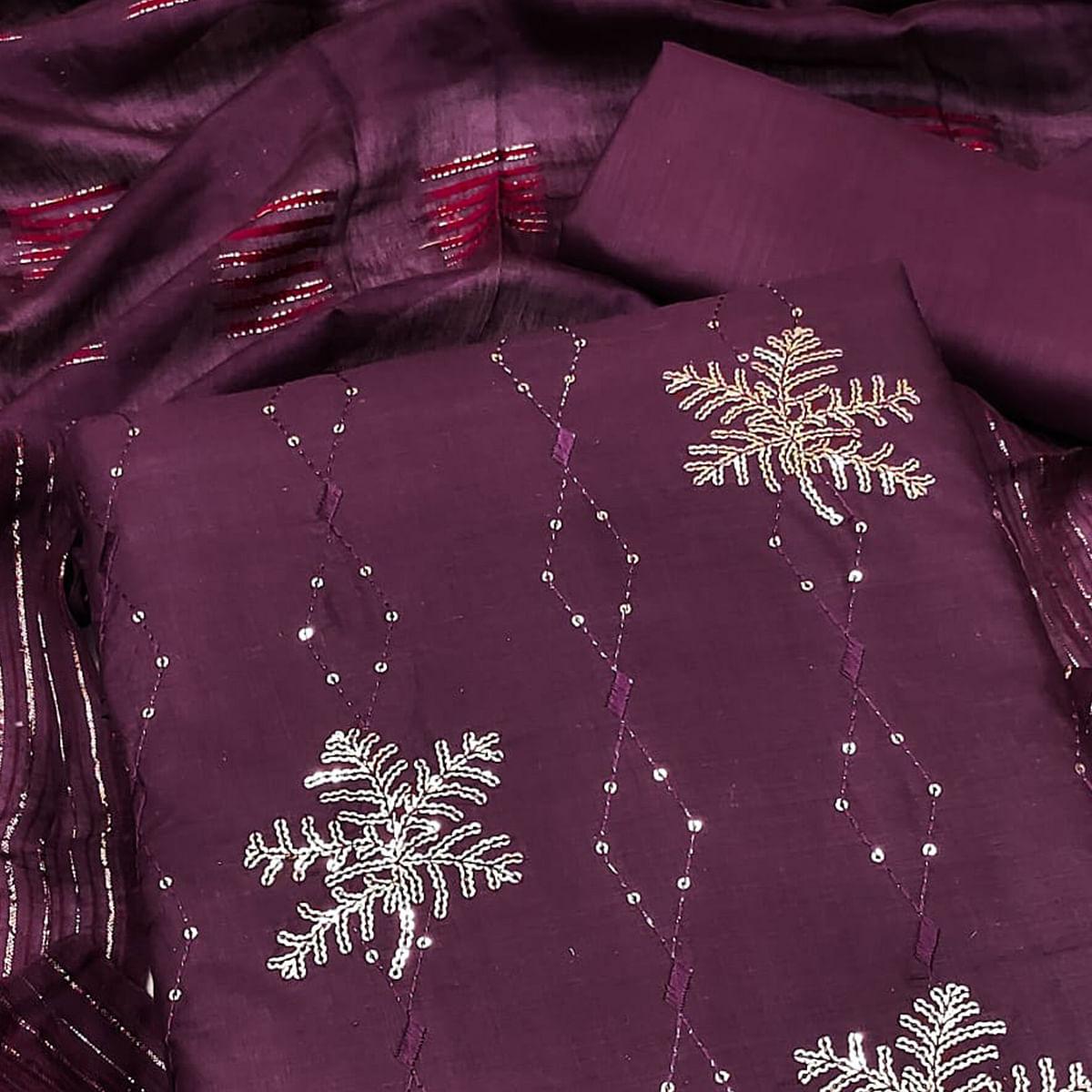 Wine Sequence Embroidered Pure Cotton Dress Material - Peachmode