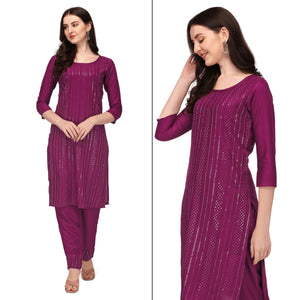 Wine Sequence Embroidered Rayon Kurti Pant Set - Peachmode