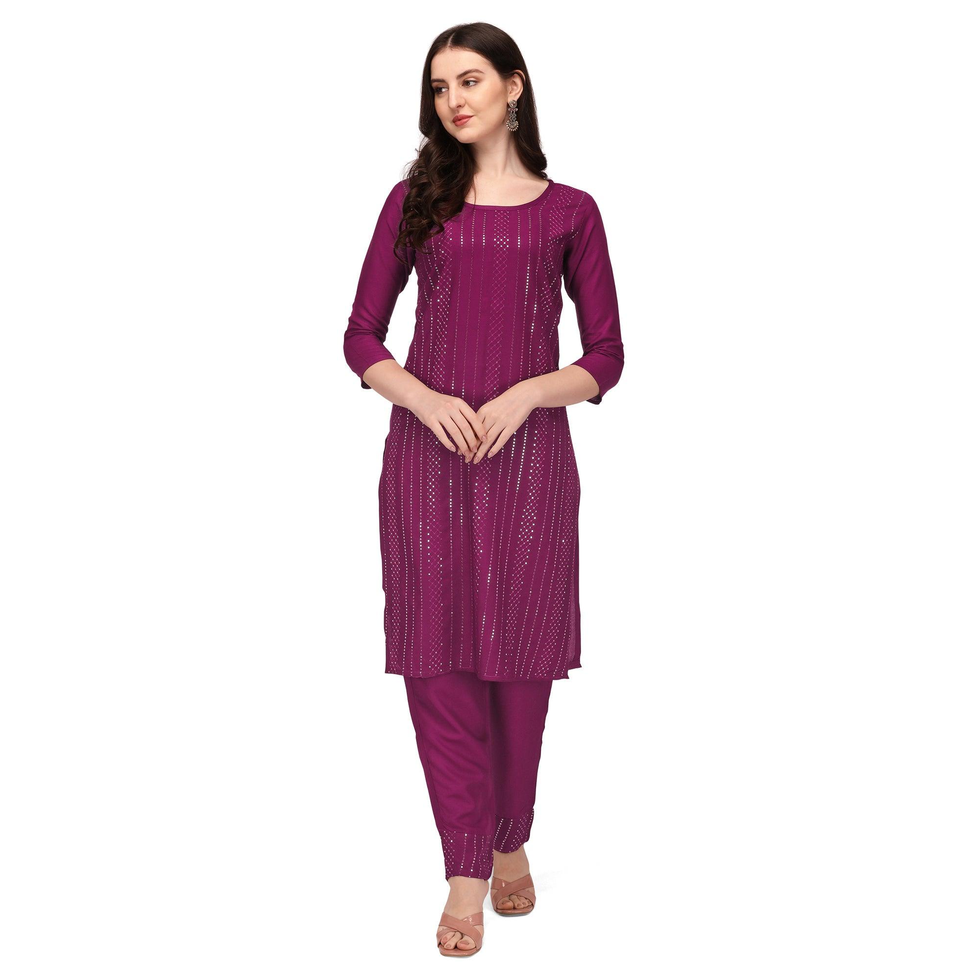 Wine Sequence Embroidered Rayon Kurti Pant Set - Peachmode