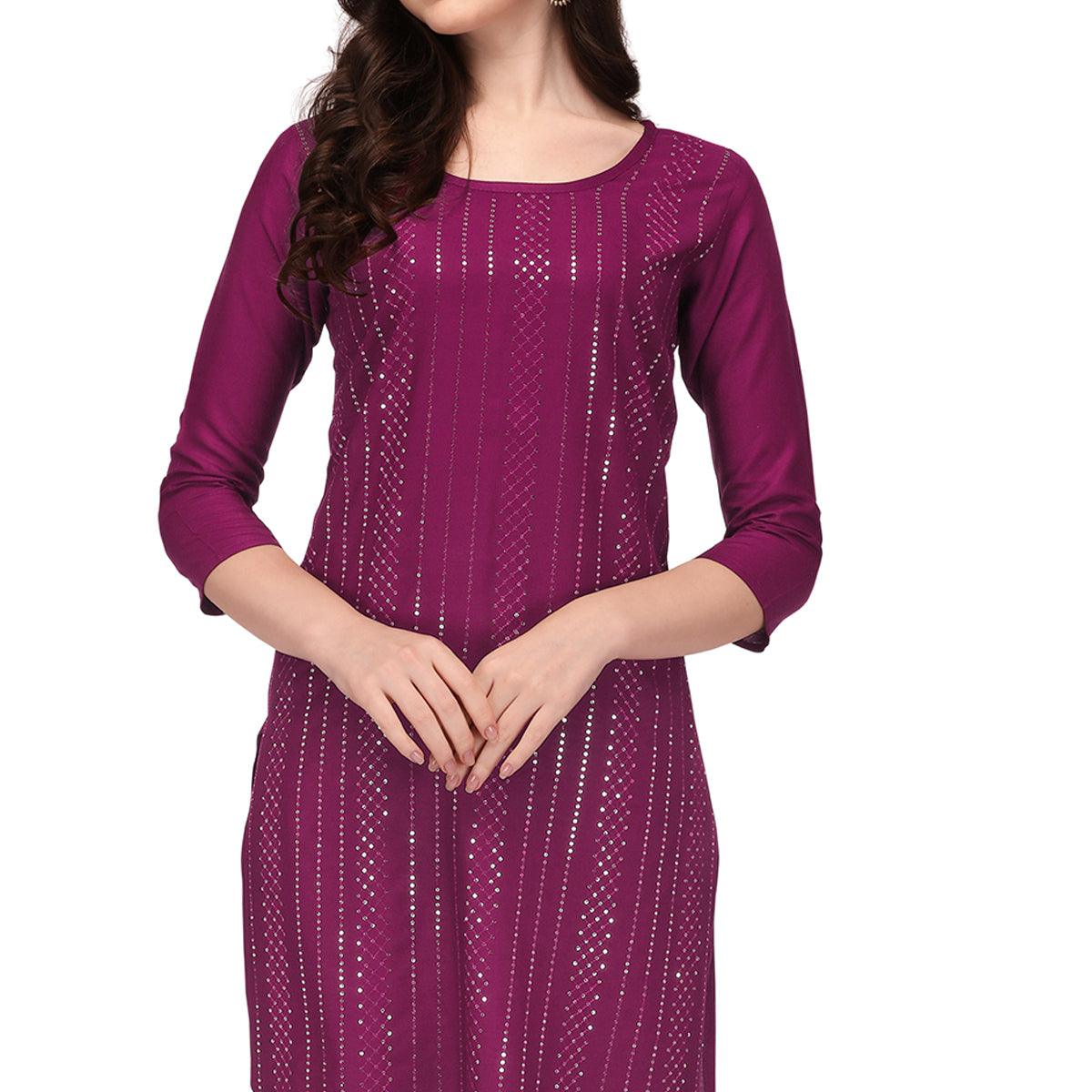 Wine Sequence Embroidered Rayon Kurti Pant Set - Peachmode