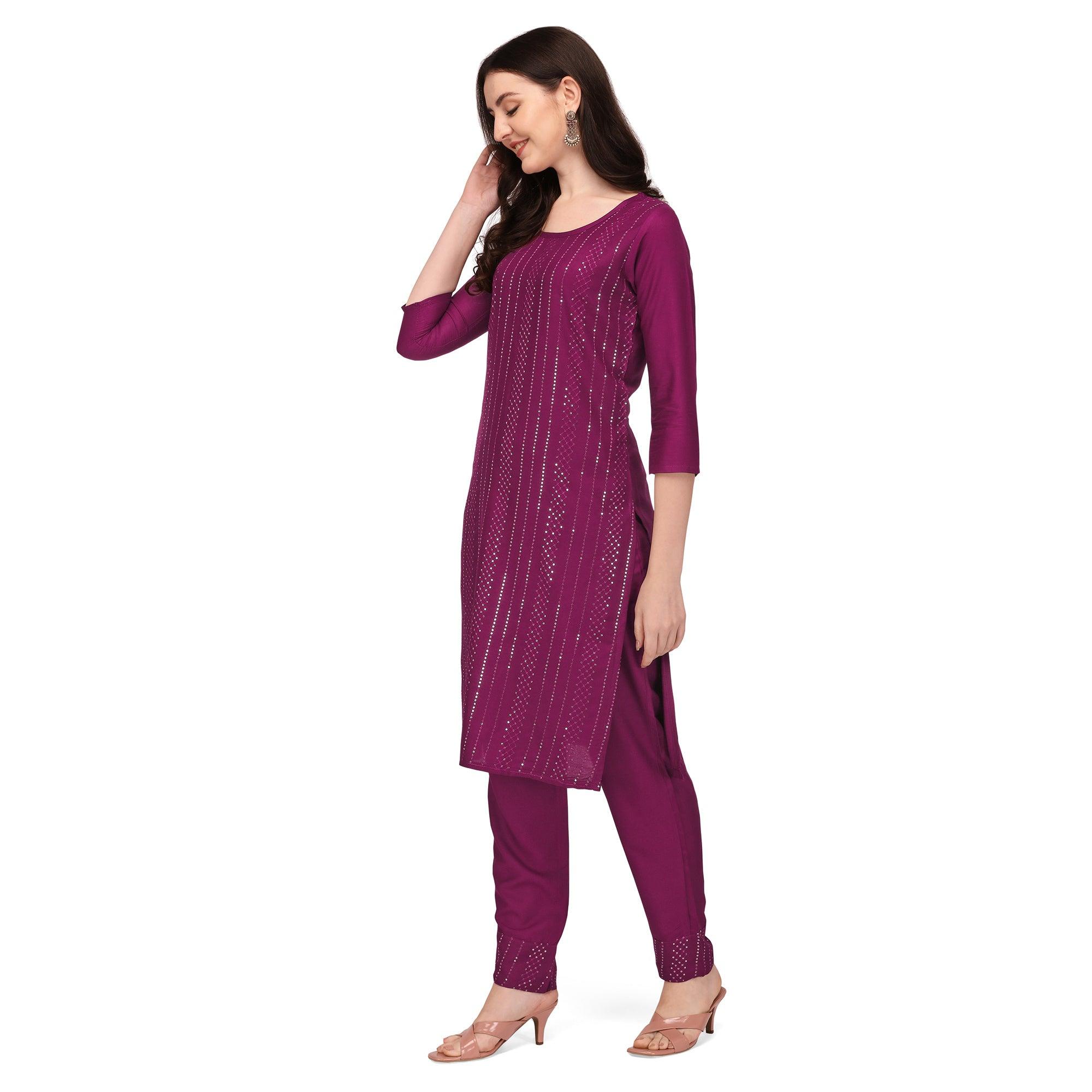 Wine Sequence Embroidered Rayon Kurti Pant Set - Peachmode