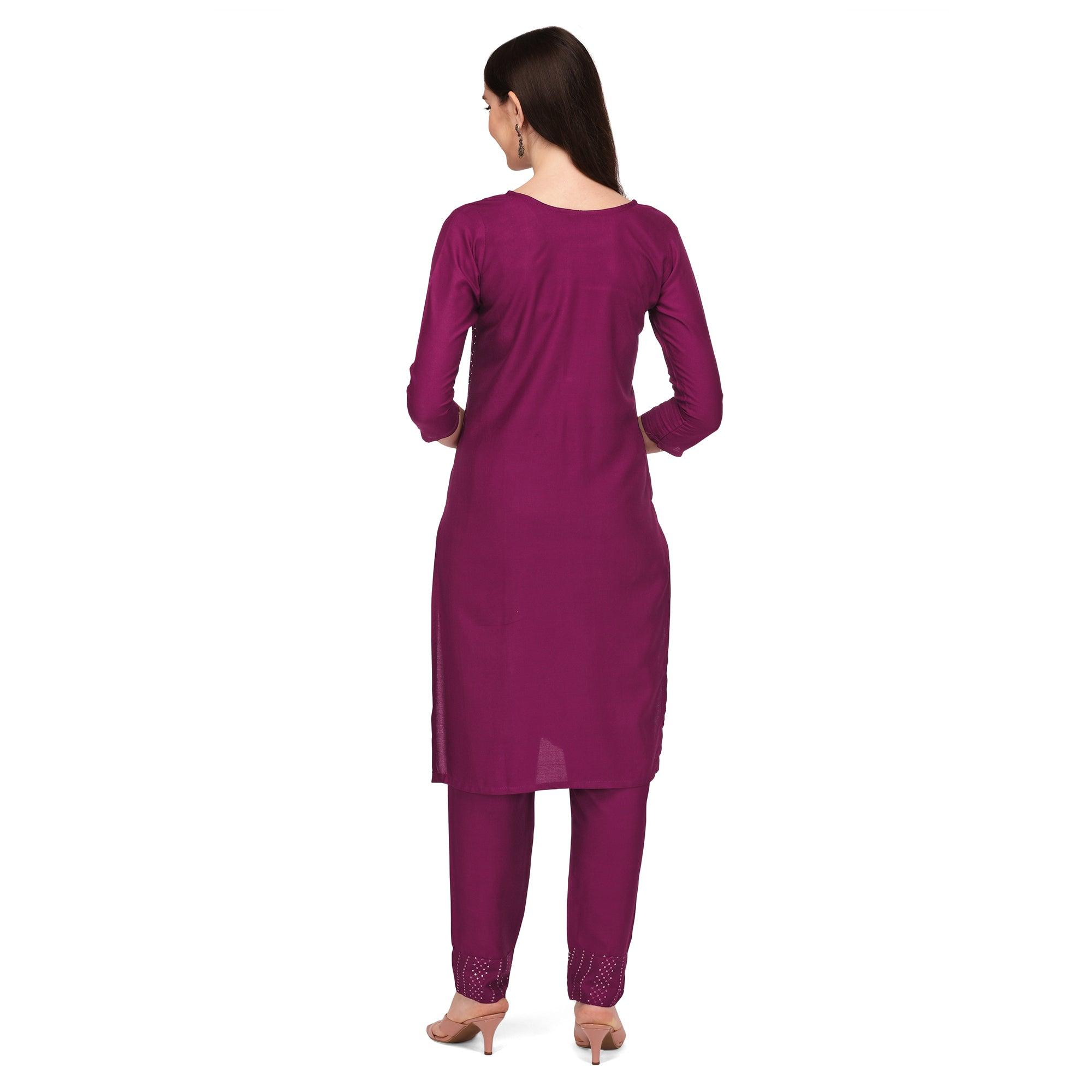 Wine Sequence Embroidered Rayon Kurti Pant Set - Peachmode