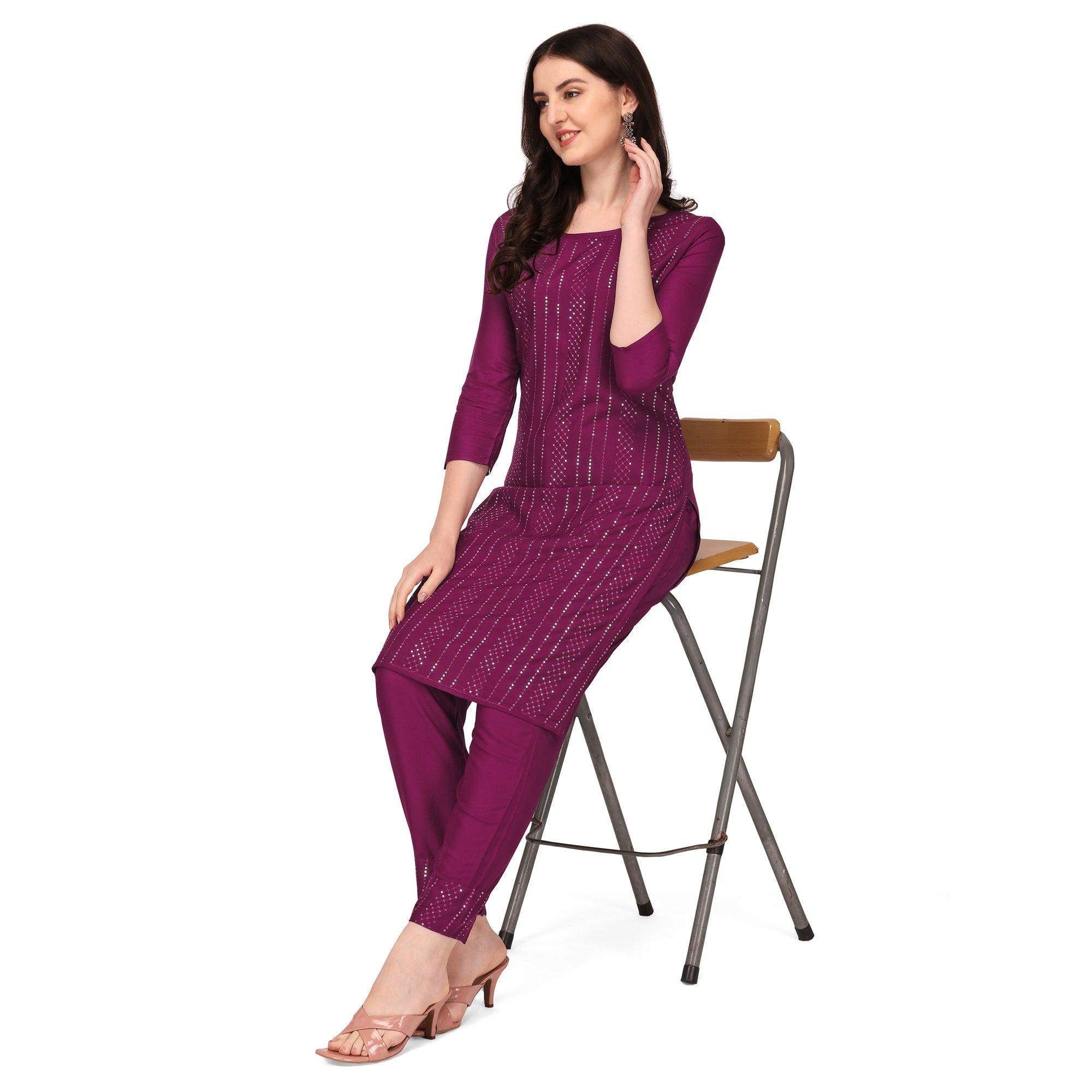 Wine Sequence Embroidered Rayon Kurti Pant Set - Peachmode