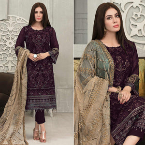 Wine Sequence With Floral Embroidered Georgette Pakistani Suit - Peachmode