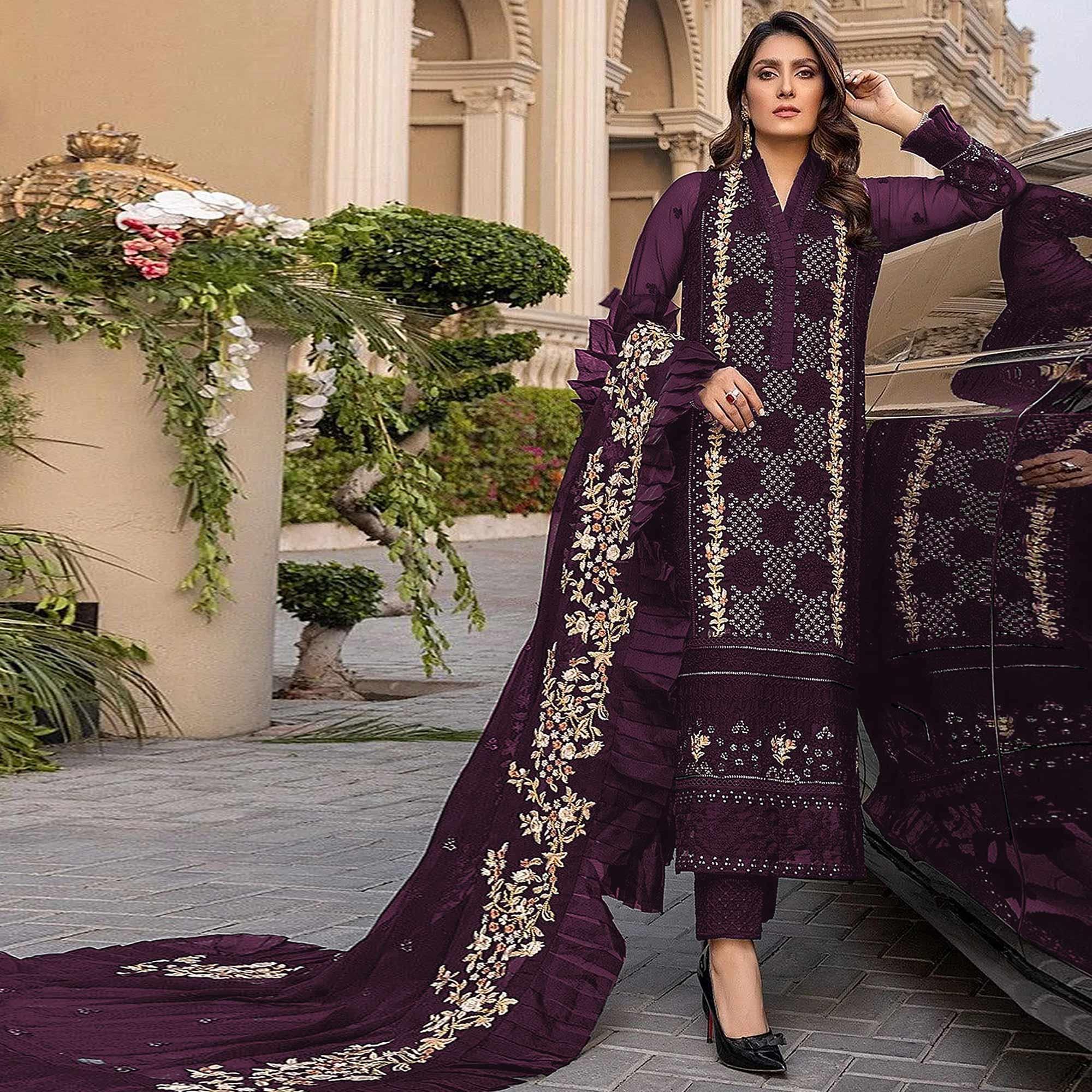 Wine Sequence With Floral Embroidered Georgette Pakistani Suit - Peachmode