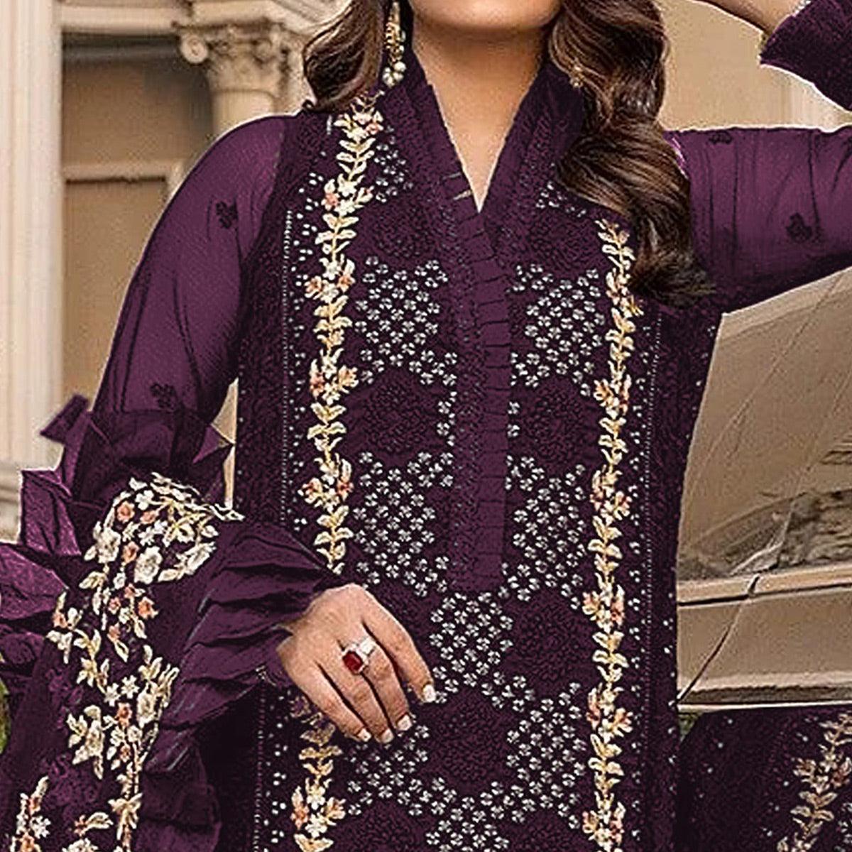 Wine Sequence With Floral Embroidered Georgette Pakistani Suit - Peachmode