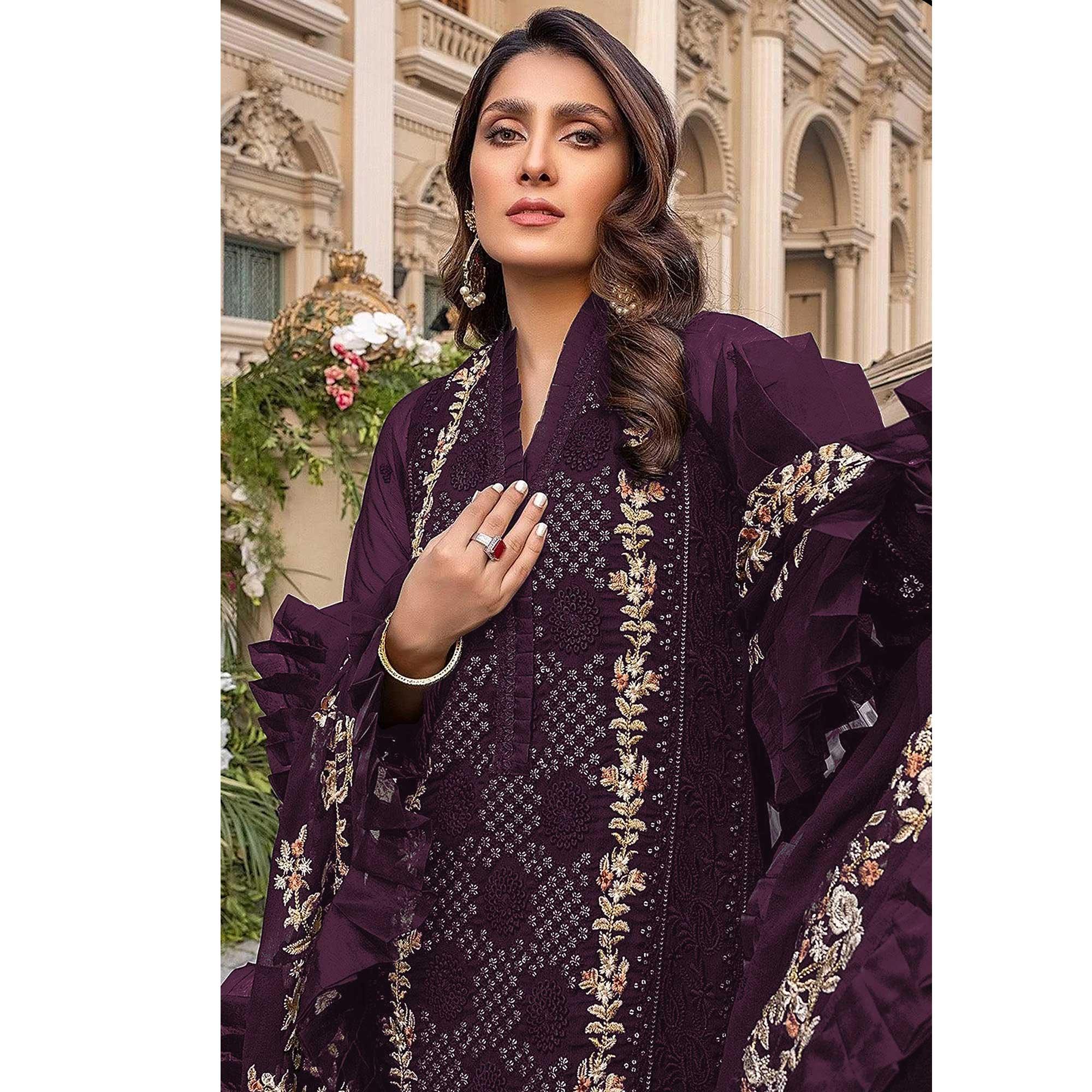 Wine Sequence With Floral Embroidered Georgette Pakistani Suit - Peachmode