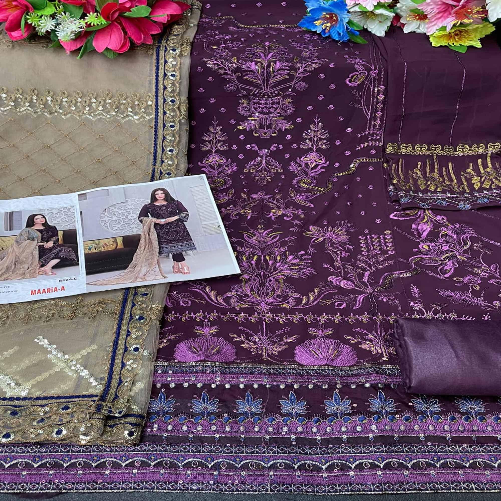 Wine Sequence With Floral Embroidered Georgette Pakistani Suit - Peachmode