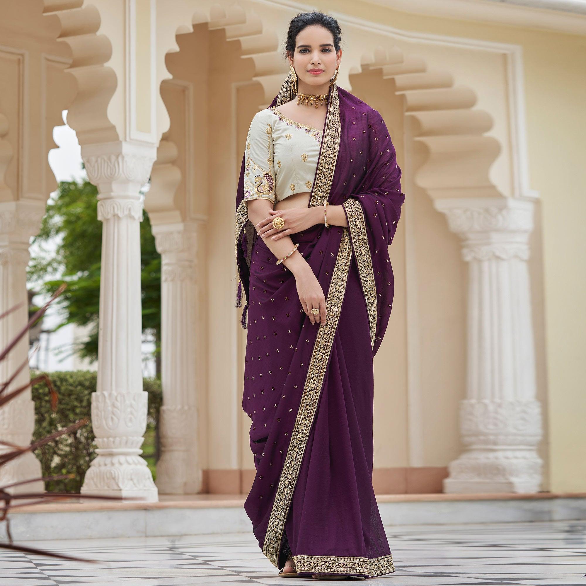 Wine Sequence With swarovski Work Vichitra Silk Saree - Peachmode