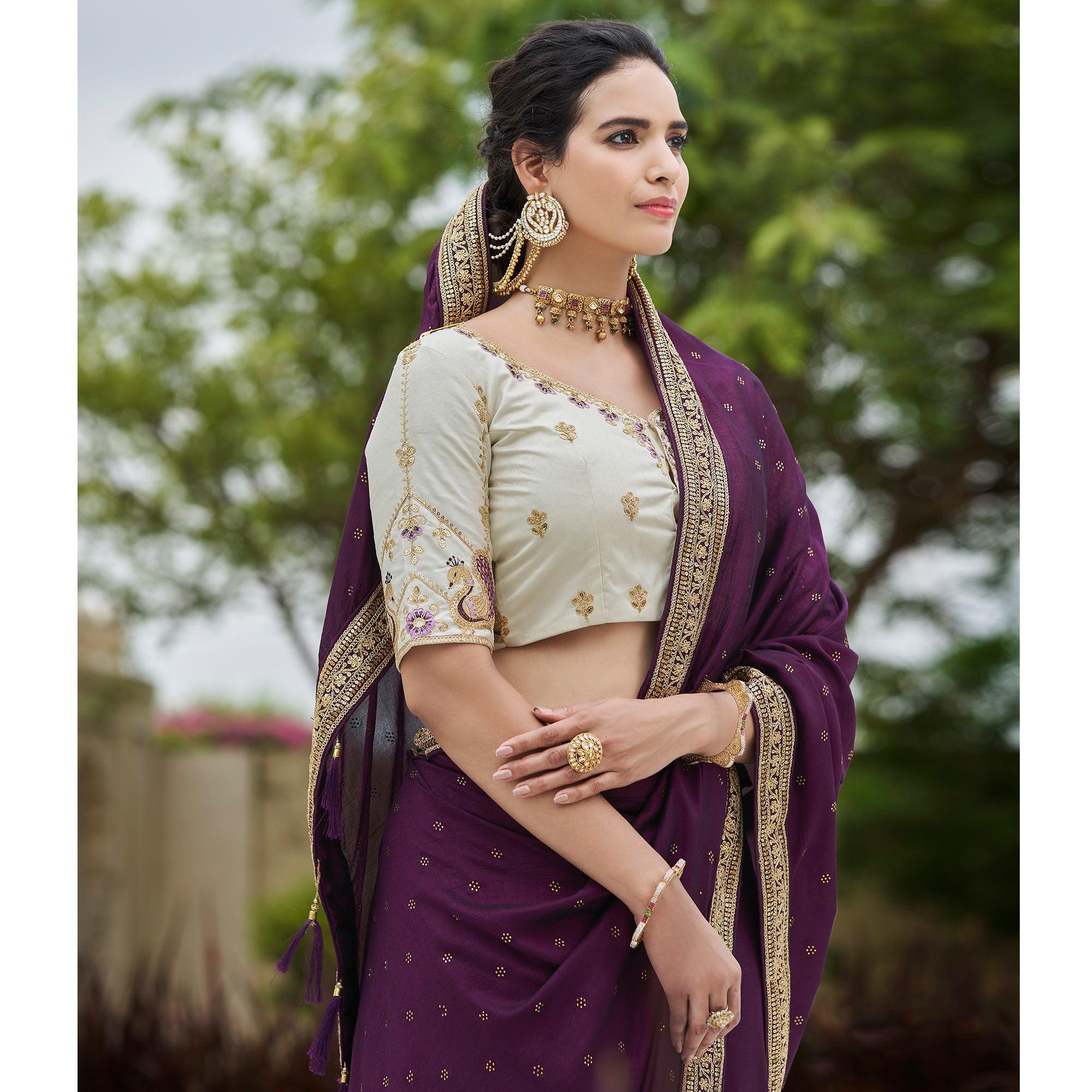 Wine Sequence With swarovski Work Vichitra Silk Saree - Peachmode