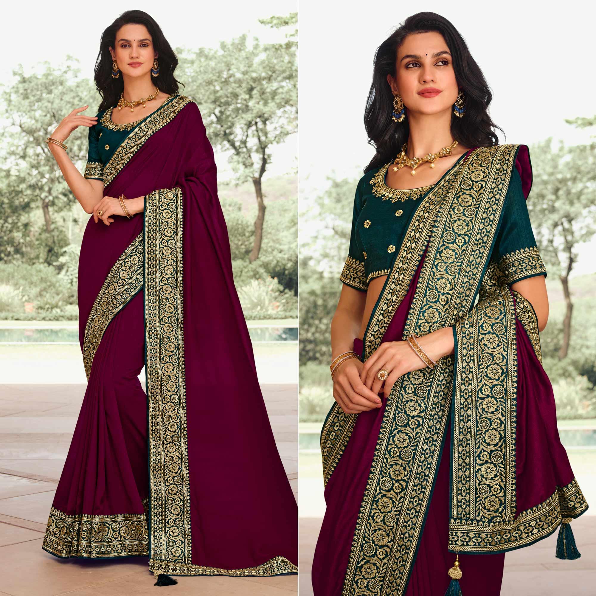 Wine Solid Vichitra Silk Saree With Tassels - Peachmode