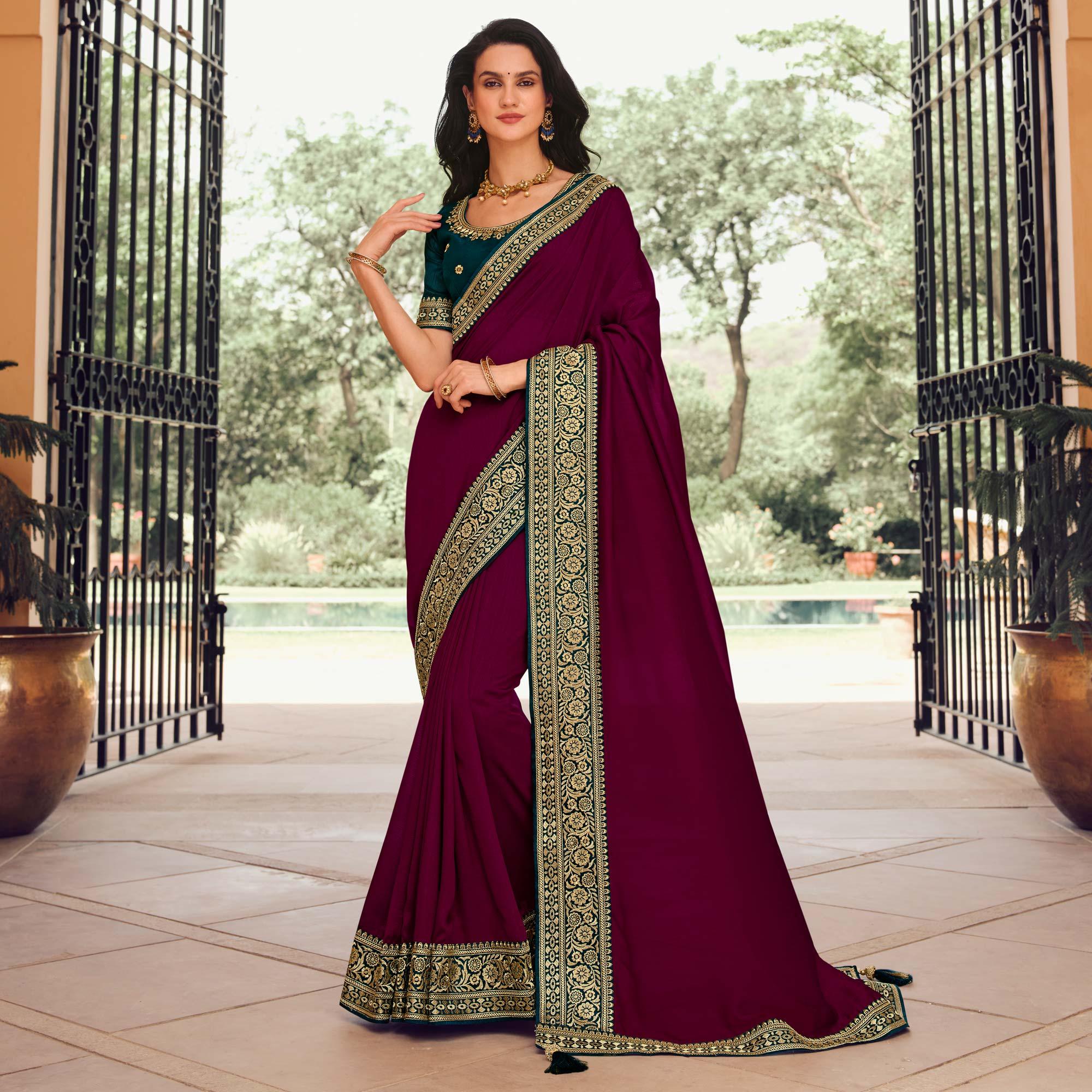 Wine Solid Vichitra Silk Saree With Tassels - Peachmode