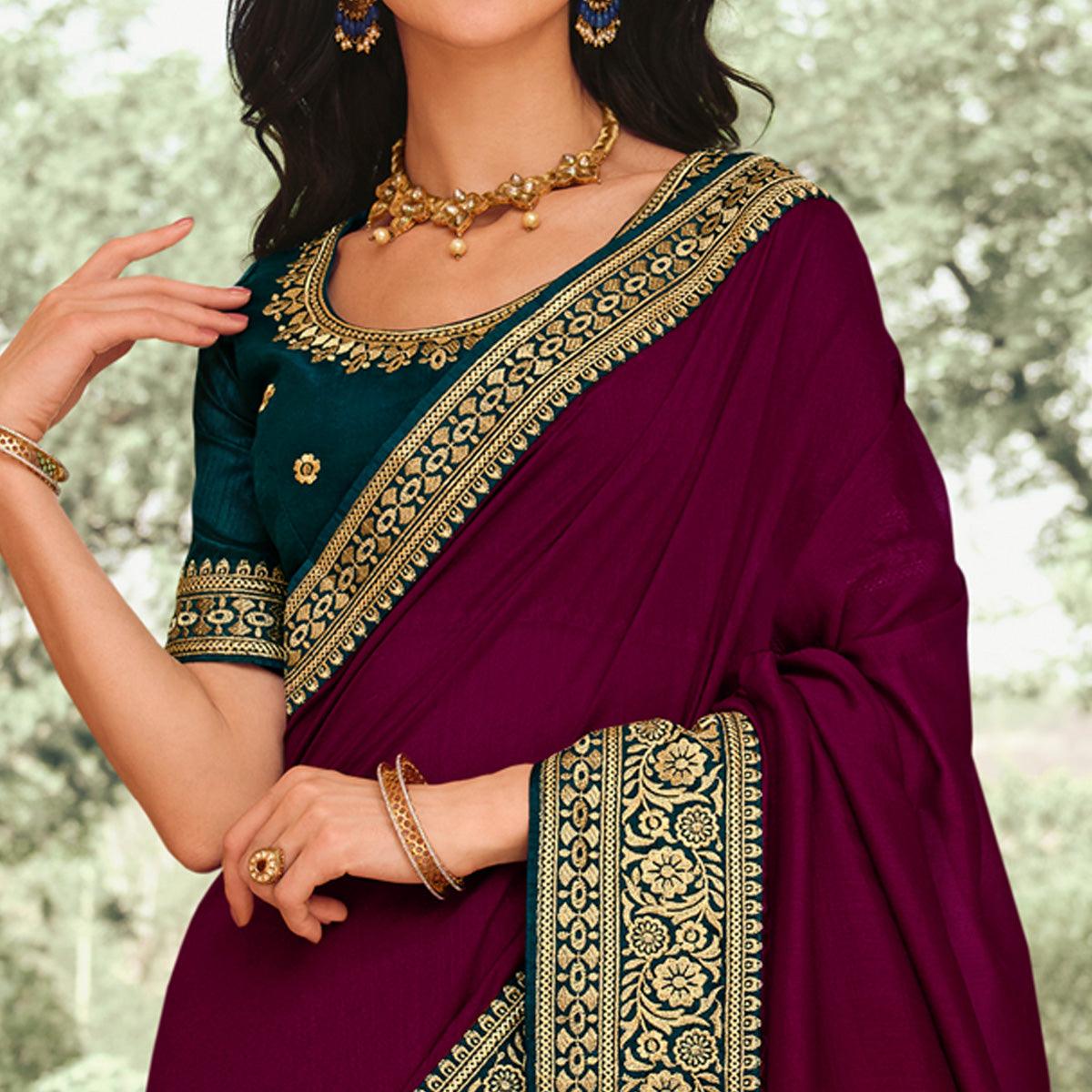 Wine Solid Vichitra Silk Saree With Tassels - Peachmode