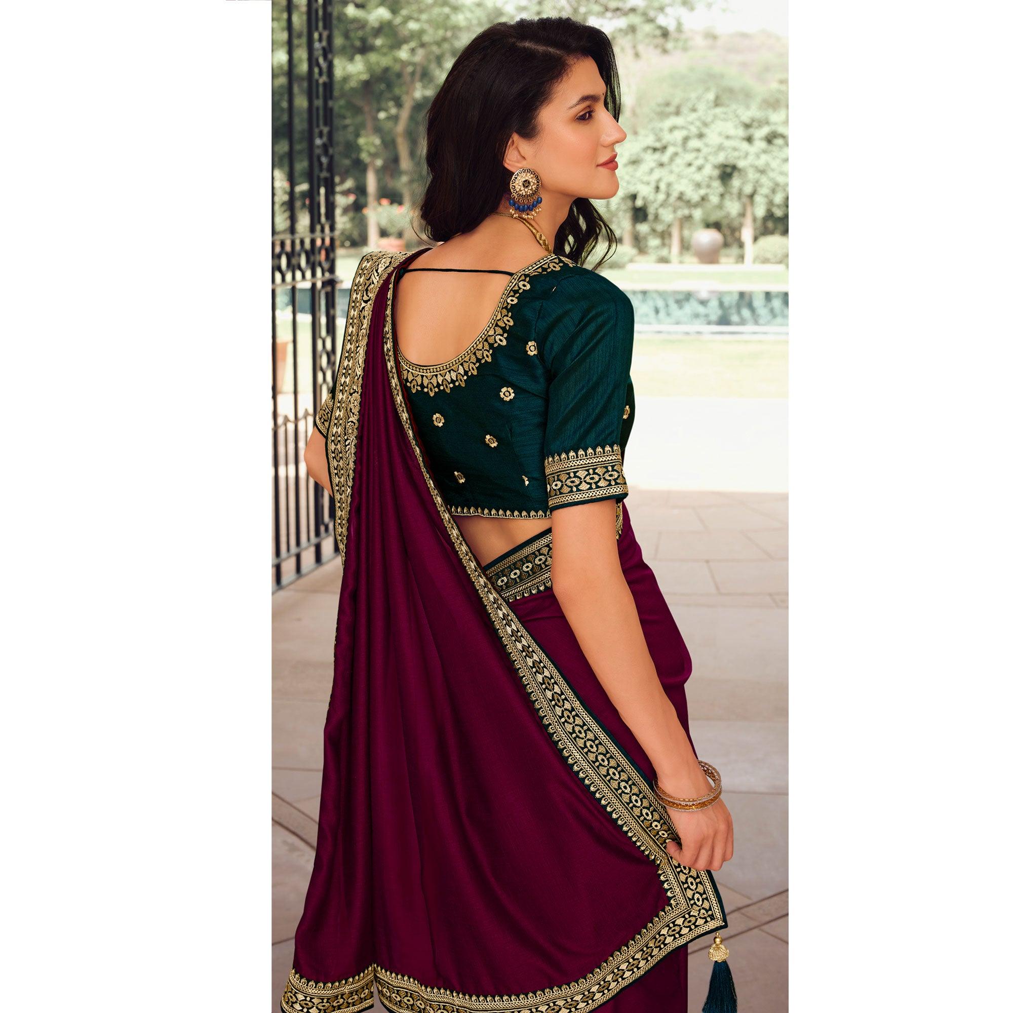 Wine Solid Vichitra Silk Saree With Tassels - Peachmode