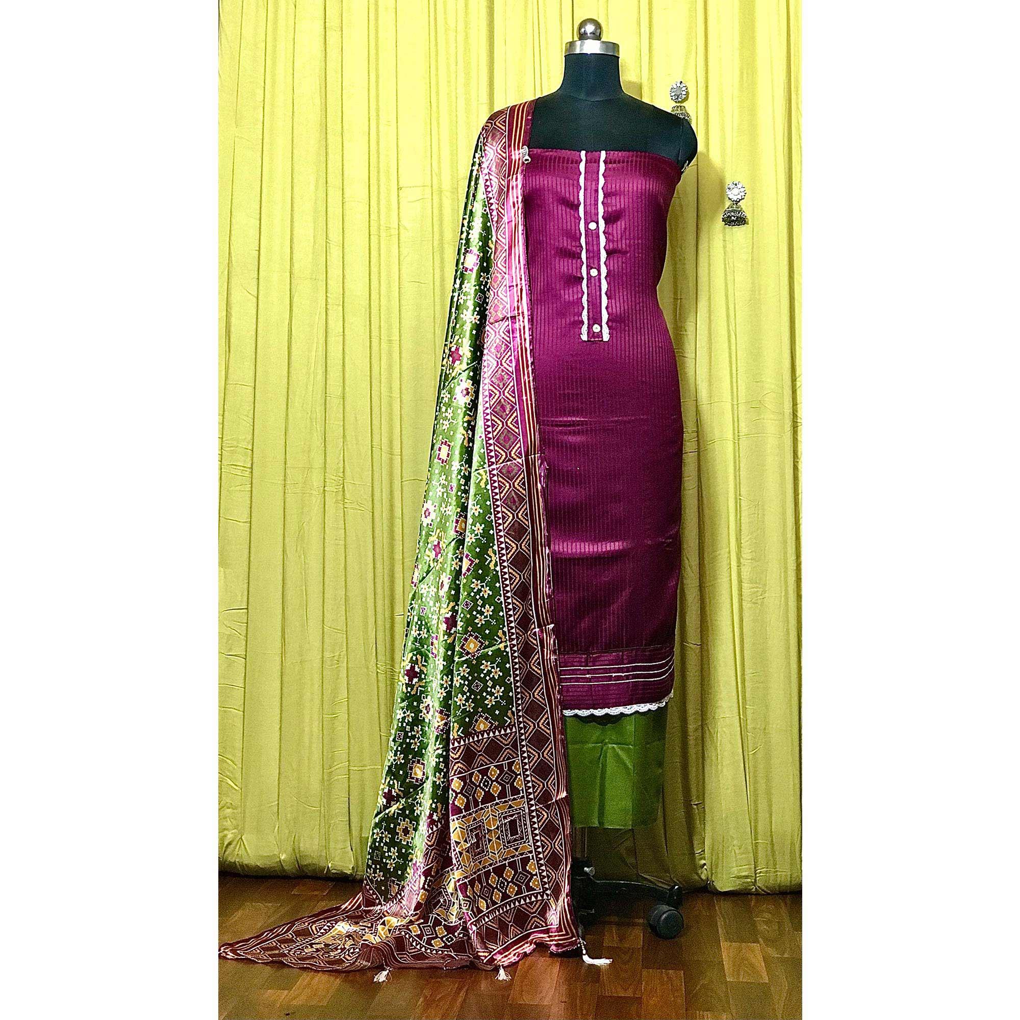Wine Striped Printed Satin Dress Material - Peachmode